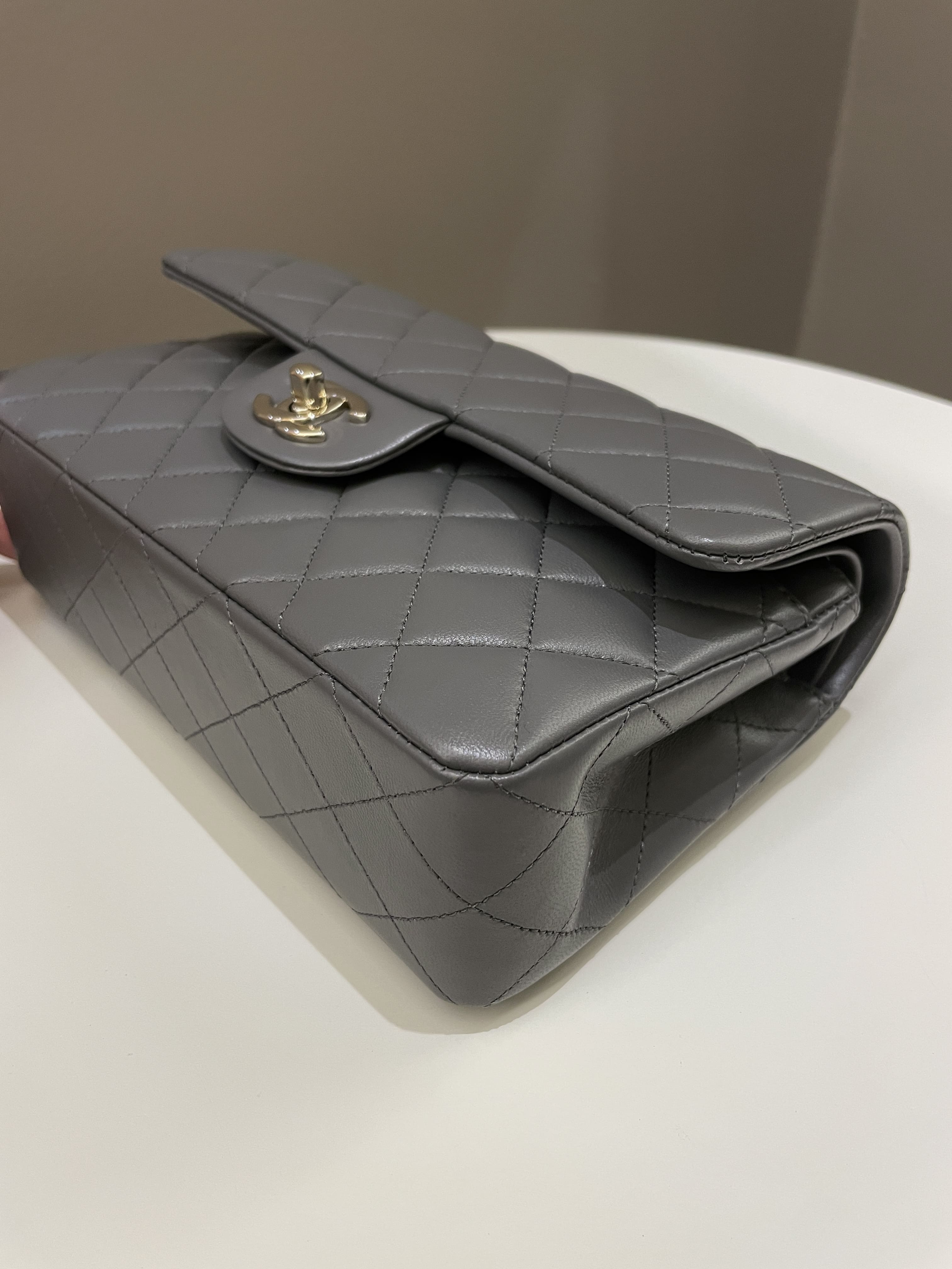 Chanel 22A Classic Quilted Small Double Flap Dark Grey Lambskin