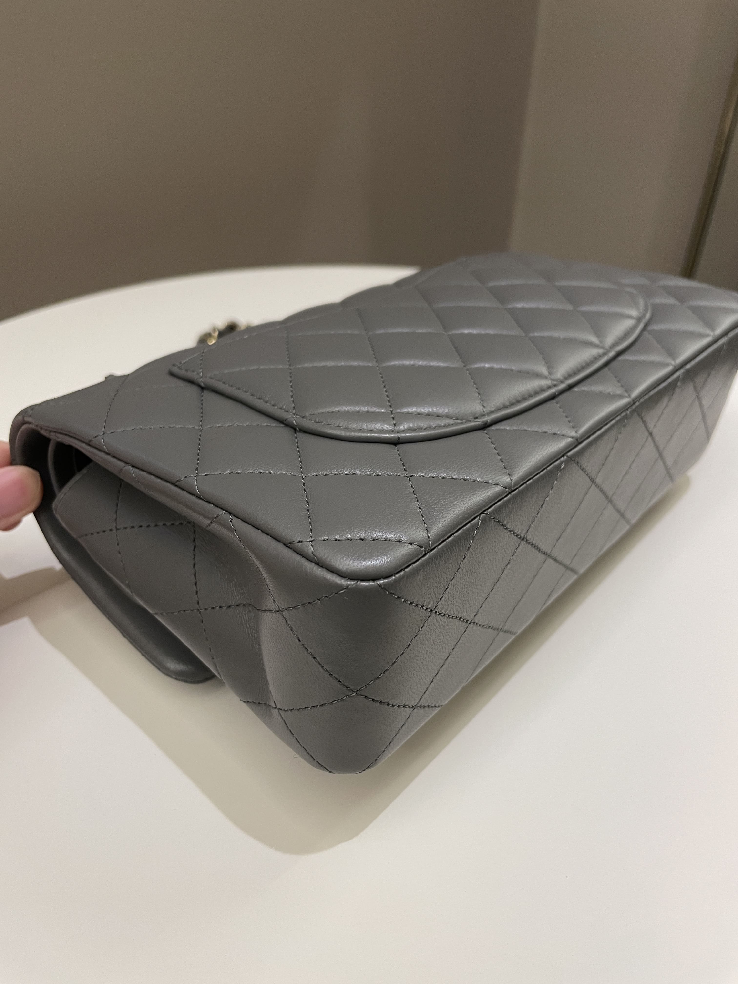 Chanel 22A Classic Quilted Small Double Flap Dark Grey Lambskin