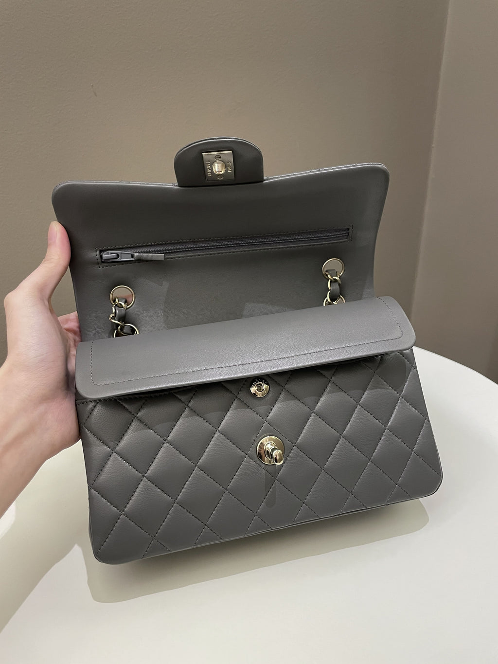 Chanel 22A Classic Quilted Small Double Flap Dark Grey Lambskin