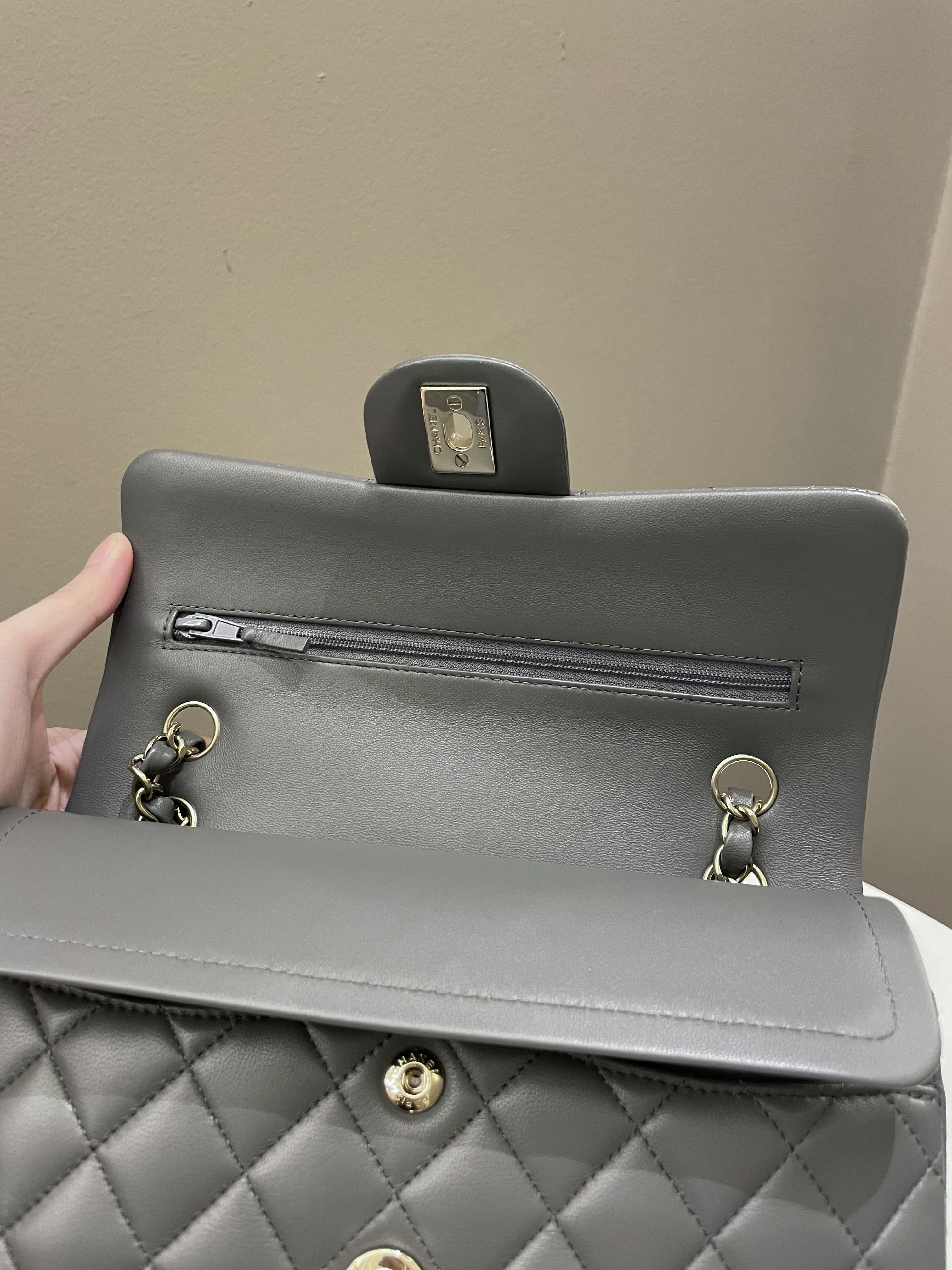 Chanel 22A Classic Quilted Small Double Flap Dark Grey Lambskin