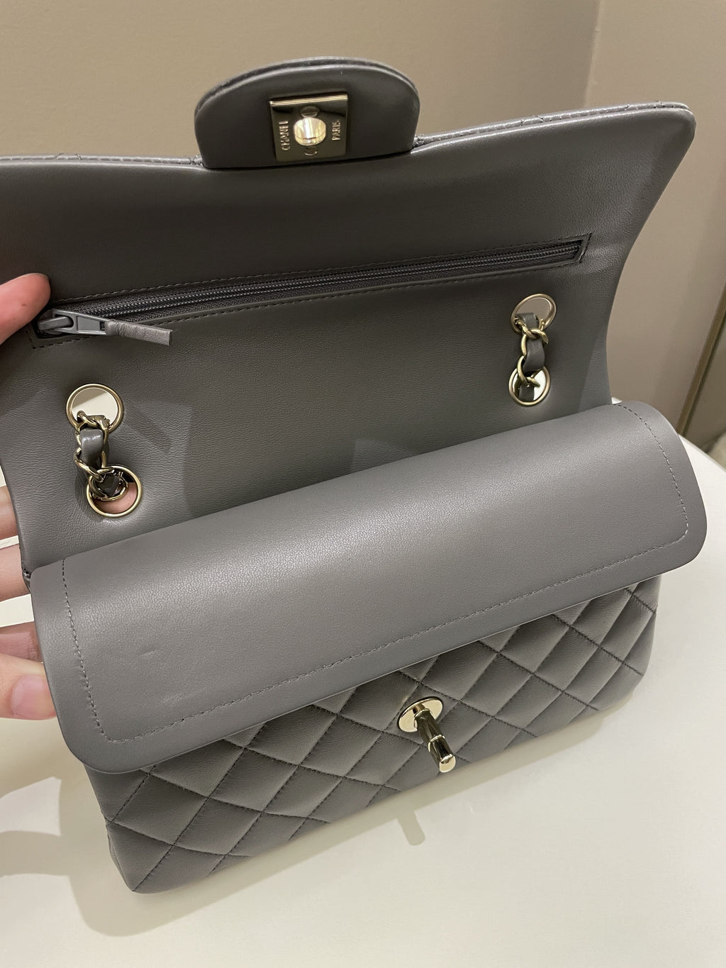 Chanel 22A Classic Quilted Small Double Flap Dark Grey Lambskin