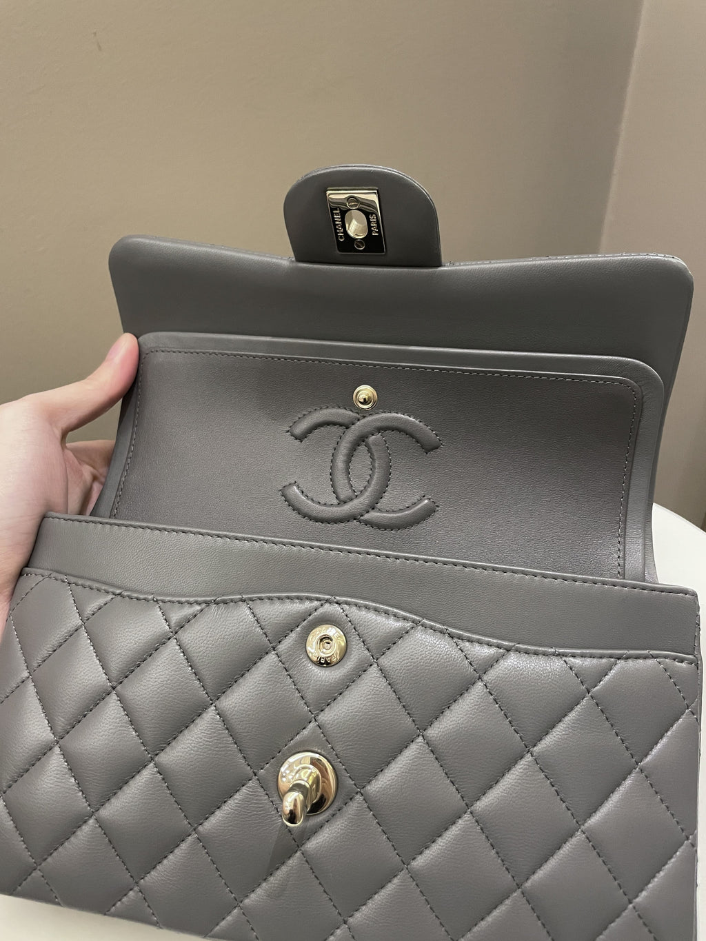 Chanel 22A Classic Quilted Small Double Flap Dark Grey Lambskin