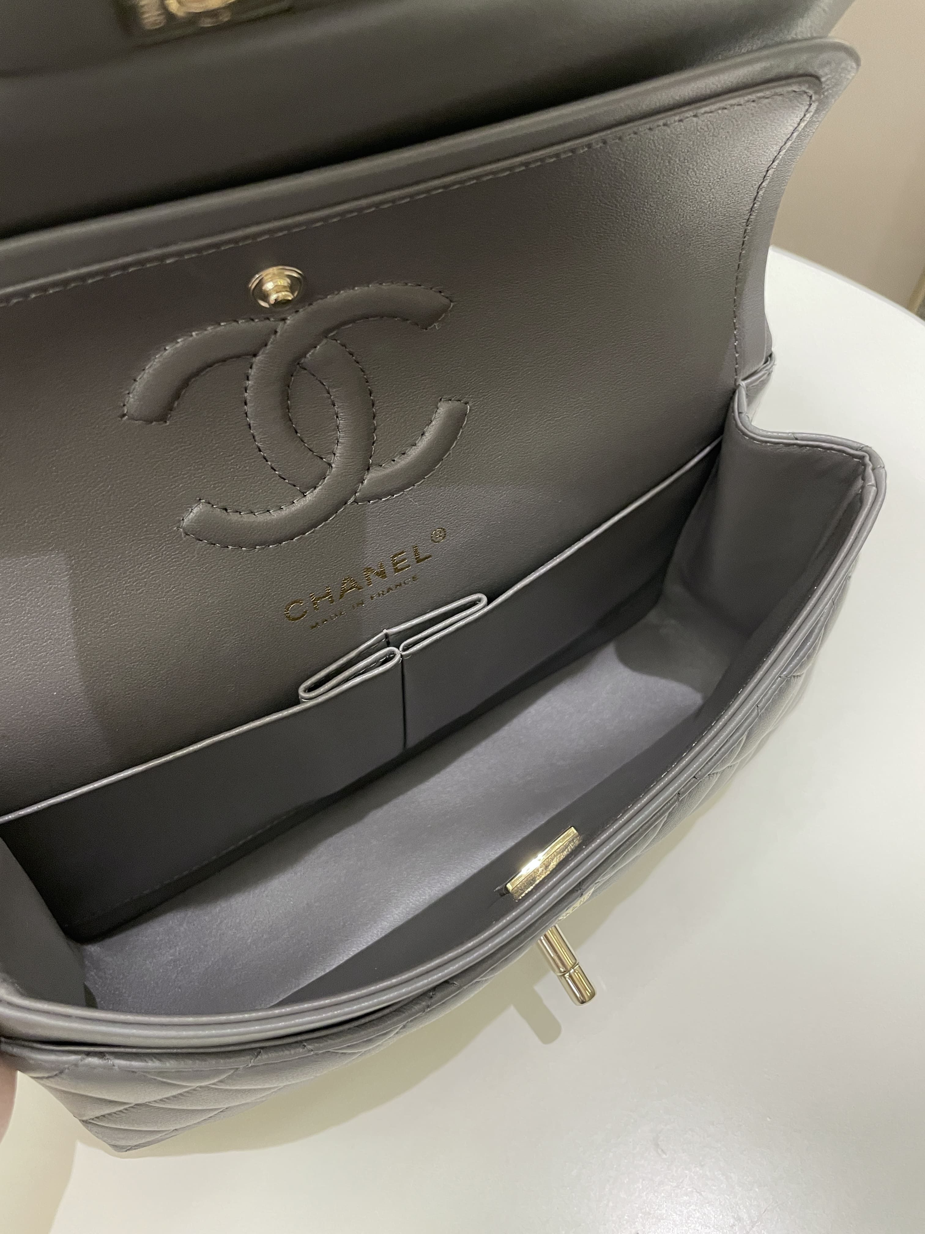 Chanel 22A Classic Quilted Small Double Flap Dark Grey Lambskin