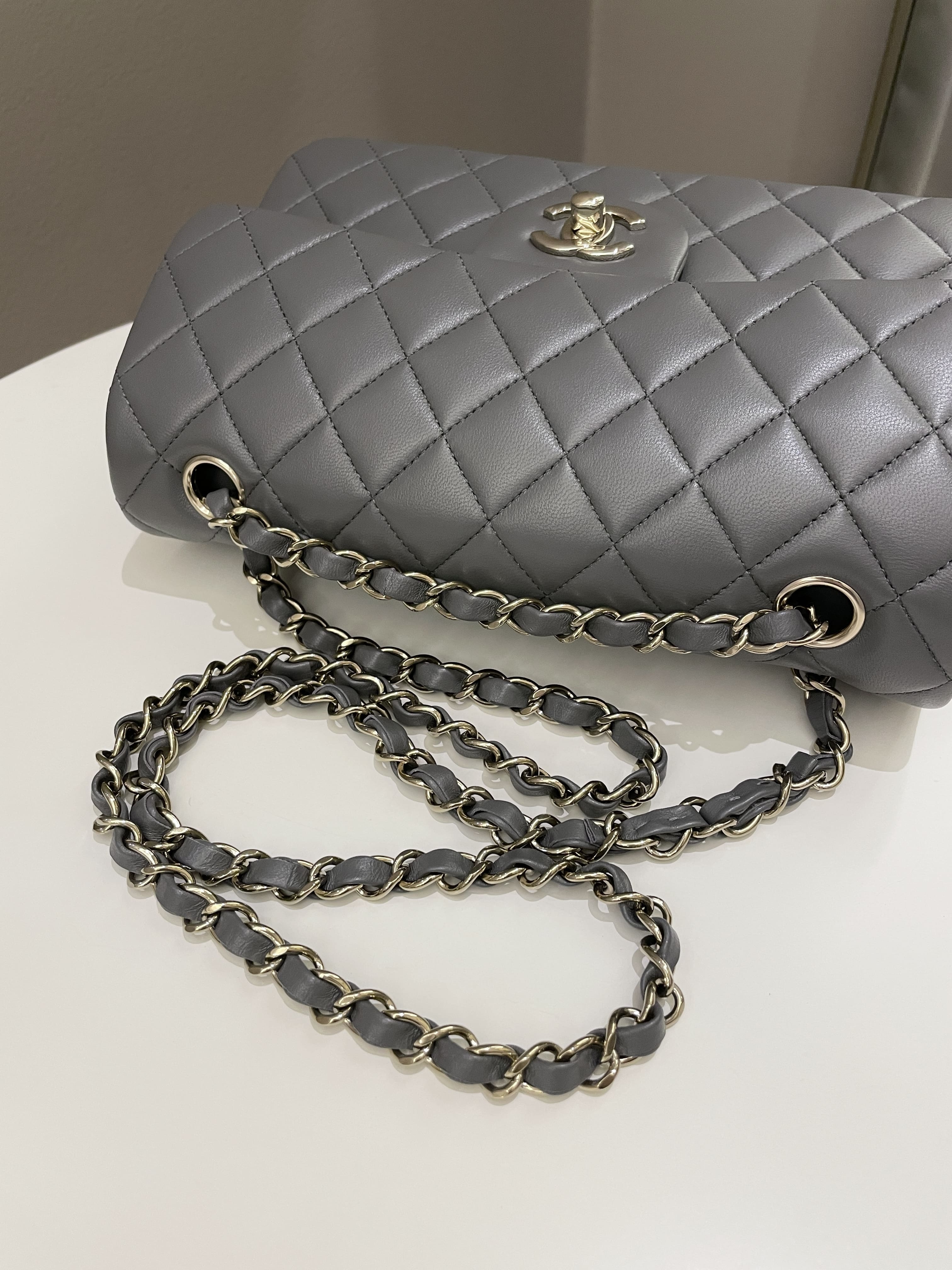Chanel 22A Classic Quilted Small Double Flap Dark Grey Lambskin