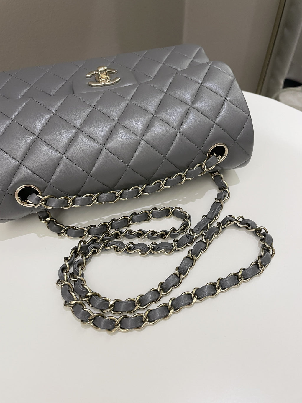 Chanel 22A Classic Quilted Small Double Flap Dark Grey Lambskin