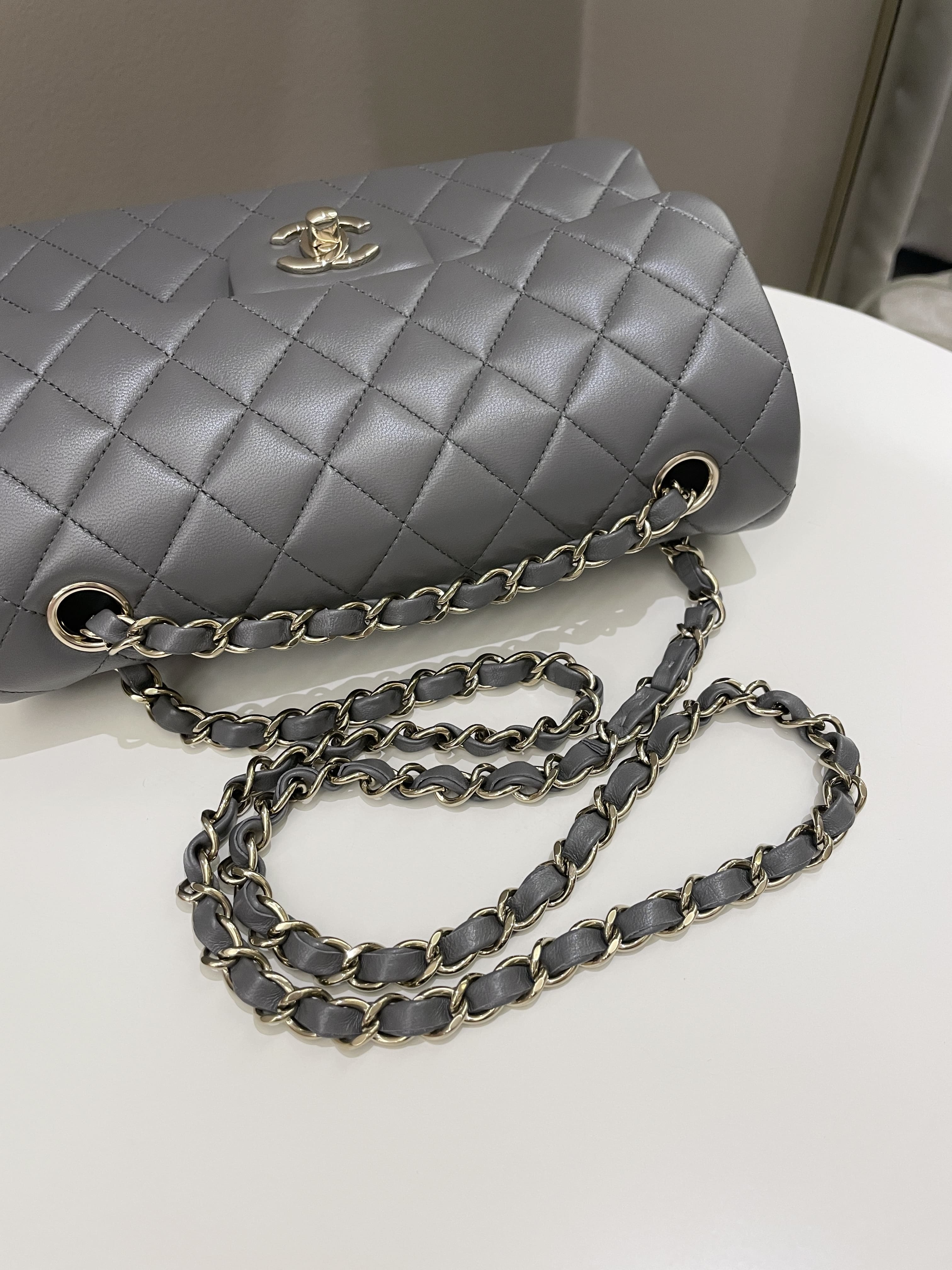 Chanel 22A Classic Quilted Small Double Flap Dark Grey Lambskin