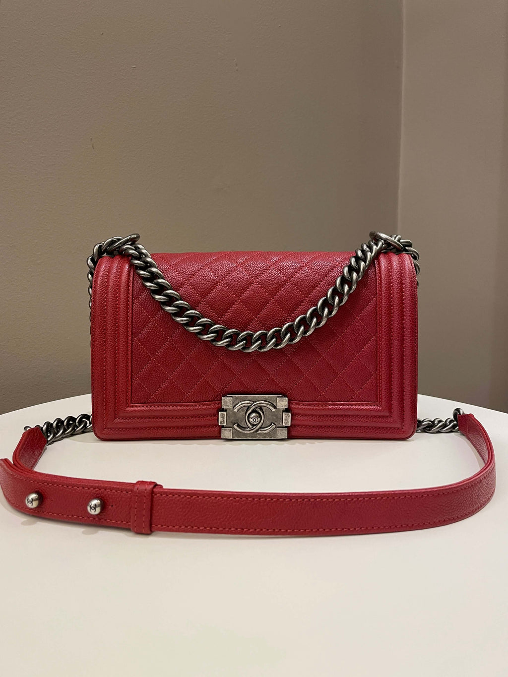 Chanel Quilted Boy Old Medium Red Caviar