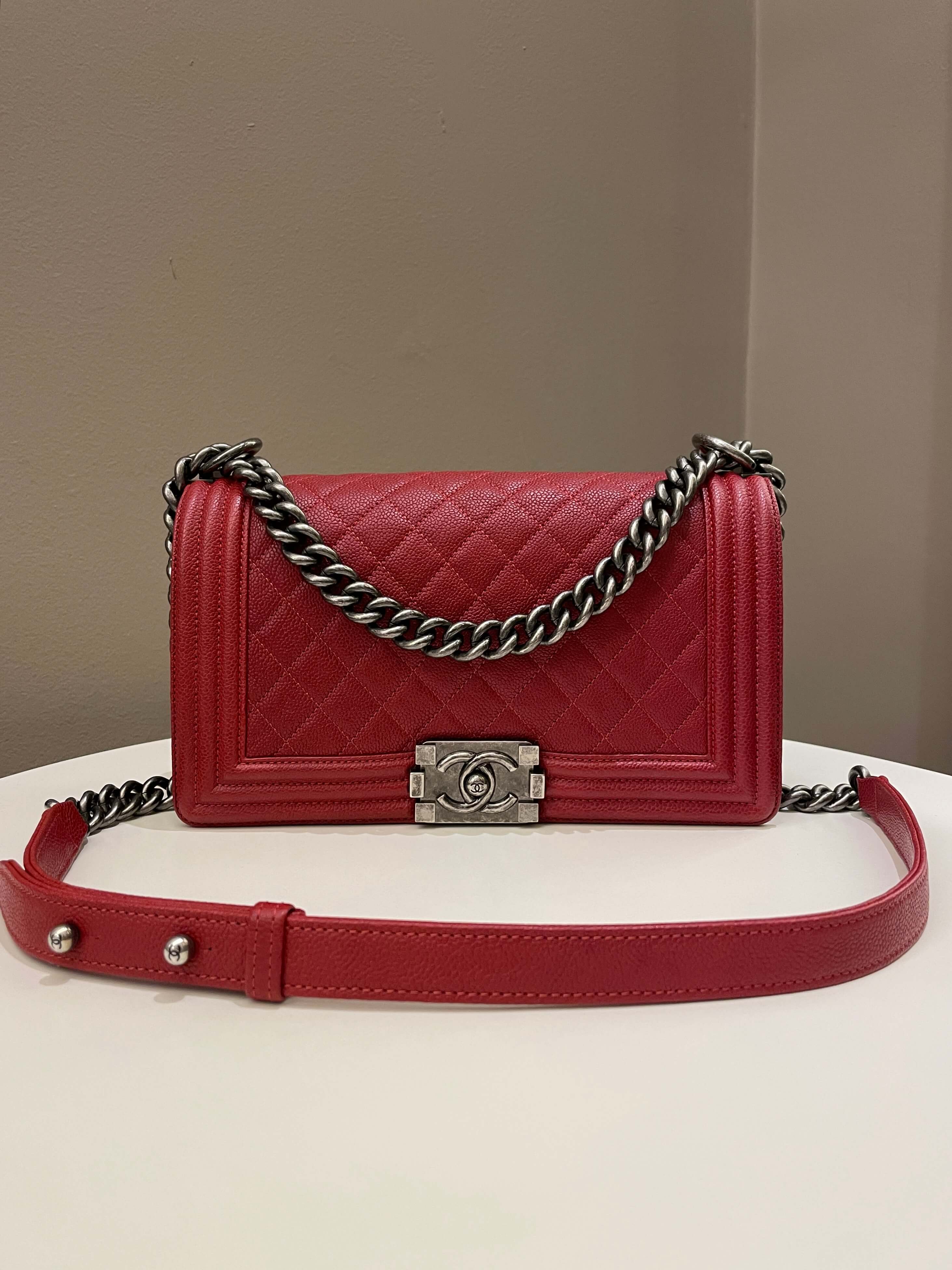 Chanel Quilted Boy Old Medium Red Caviar