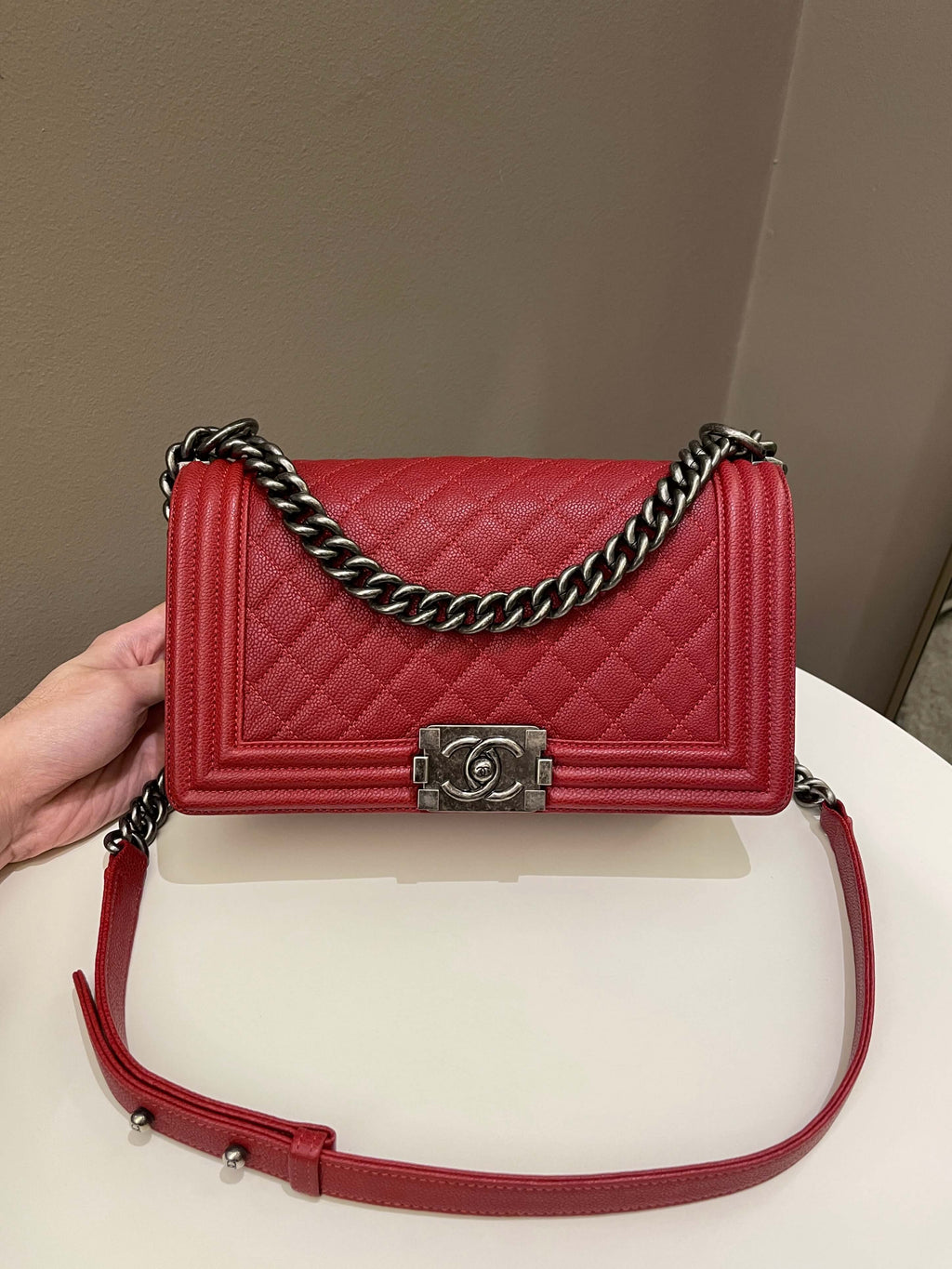 Chanel Quilted Boy Old Medium Red Caviar