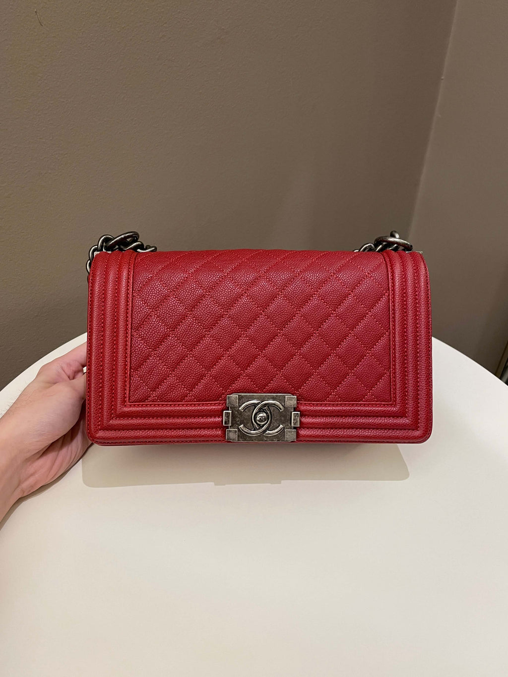 Chanel Quilted Boy Old Medium Red Caviar