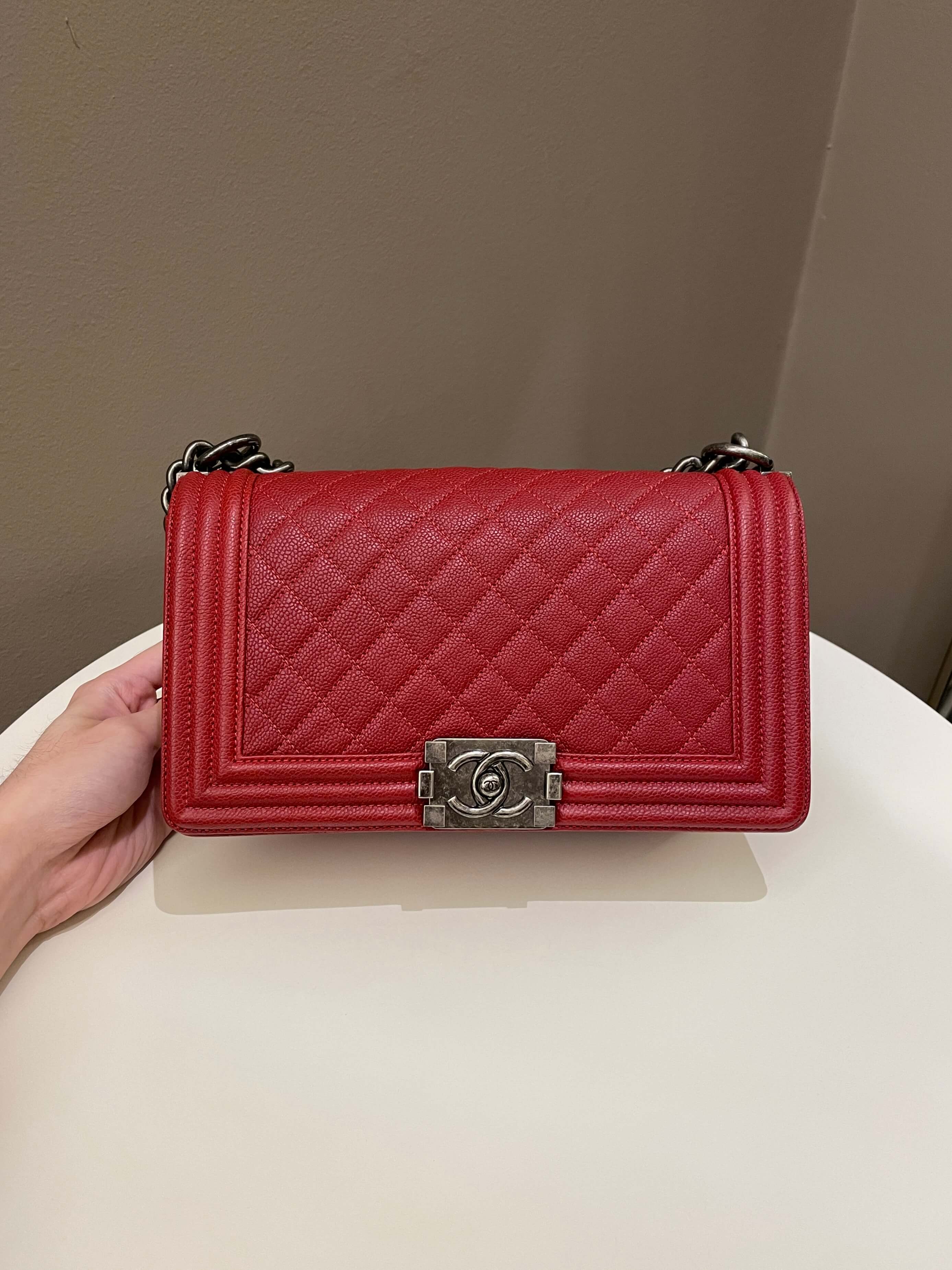 Chanel Quilted Boy Old Medium Red Caviar