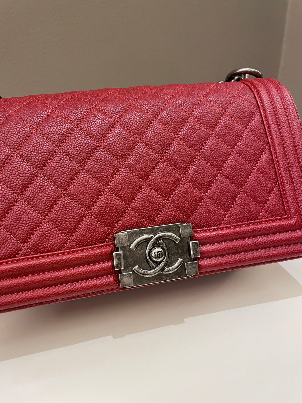 Chanel Quilted Boy Old Medium Red Caviar