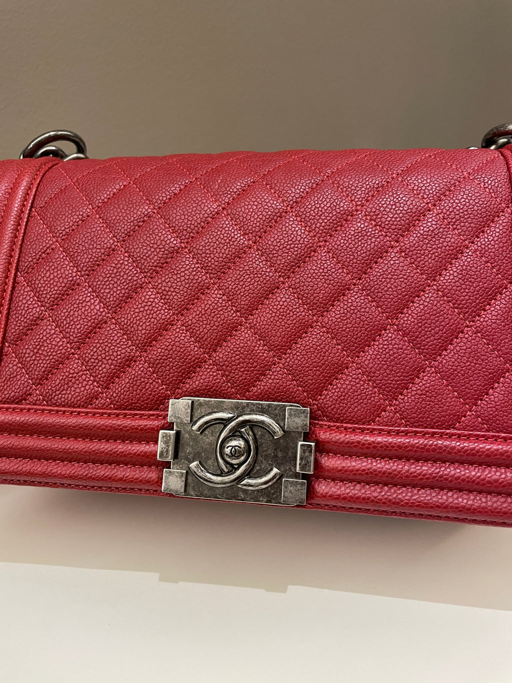 Chanel Quilted Boy Old Medium Red Caviar