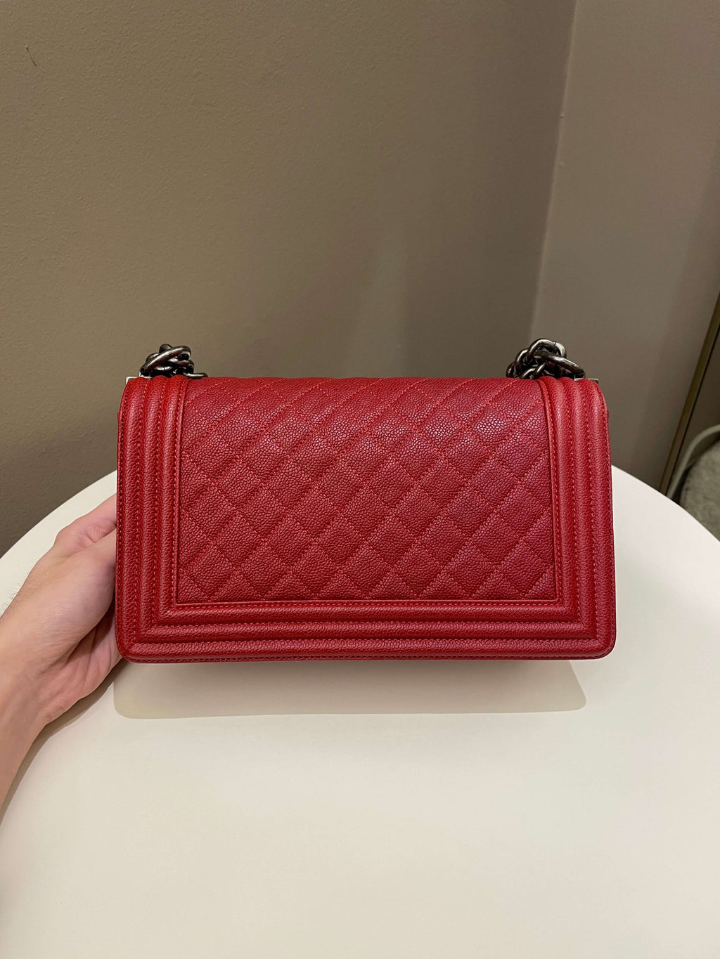 Chanel Quilted Boy Old Medium Red Caviar