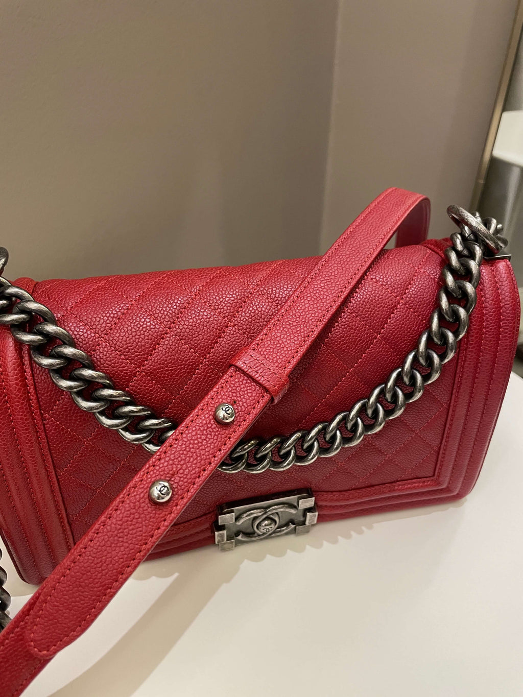 Chanel Quilted Boy Old Medium Red Caviar