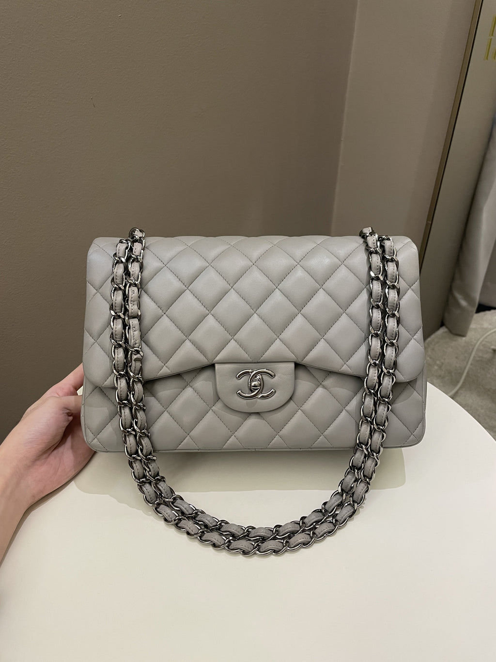 Chanel Classic Quilted Jumbo Double Flap Grey Lambskin