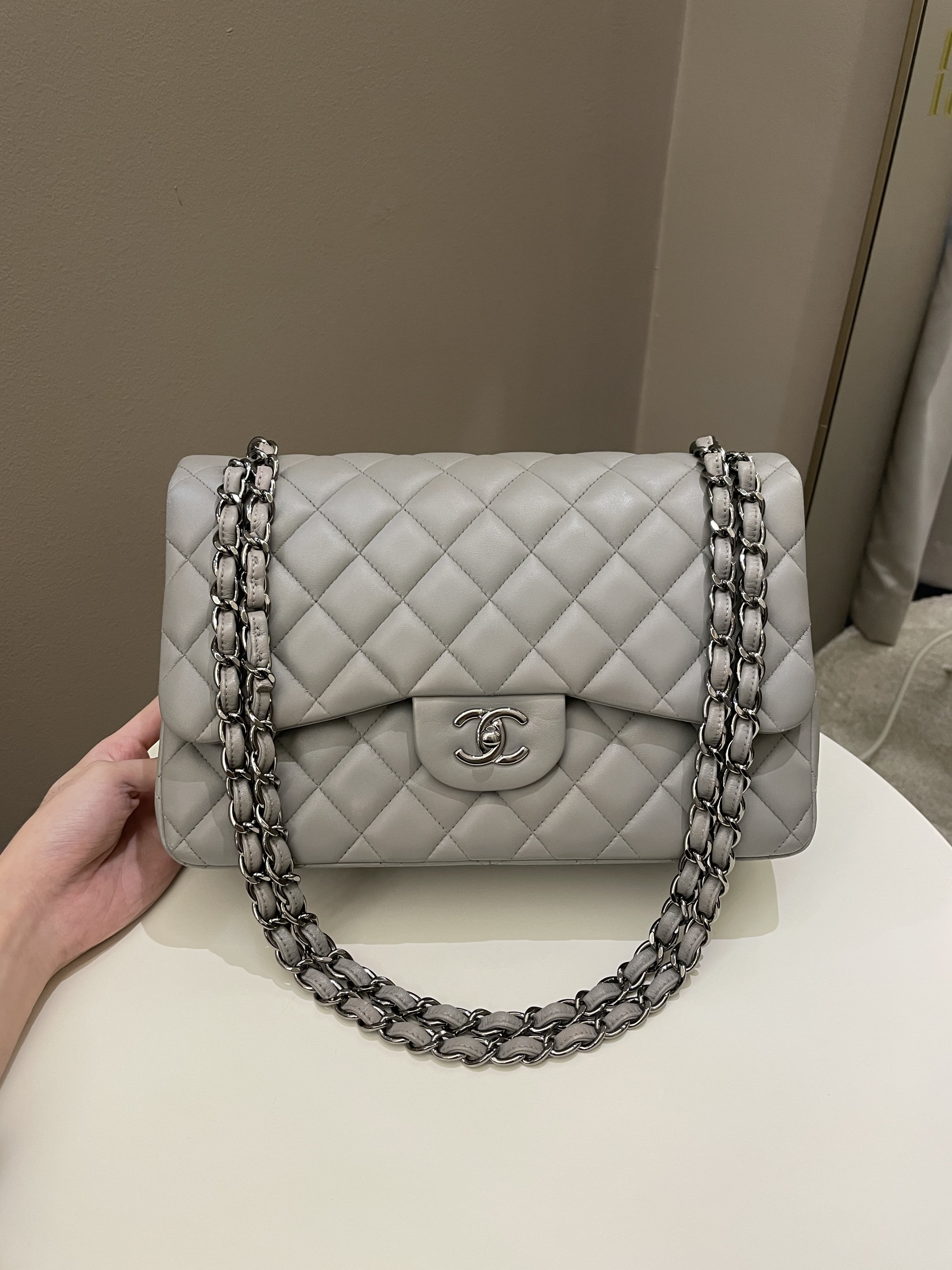 Chanel Classic Quilted Jumbo Double Flap Grey Lambskin