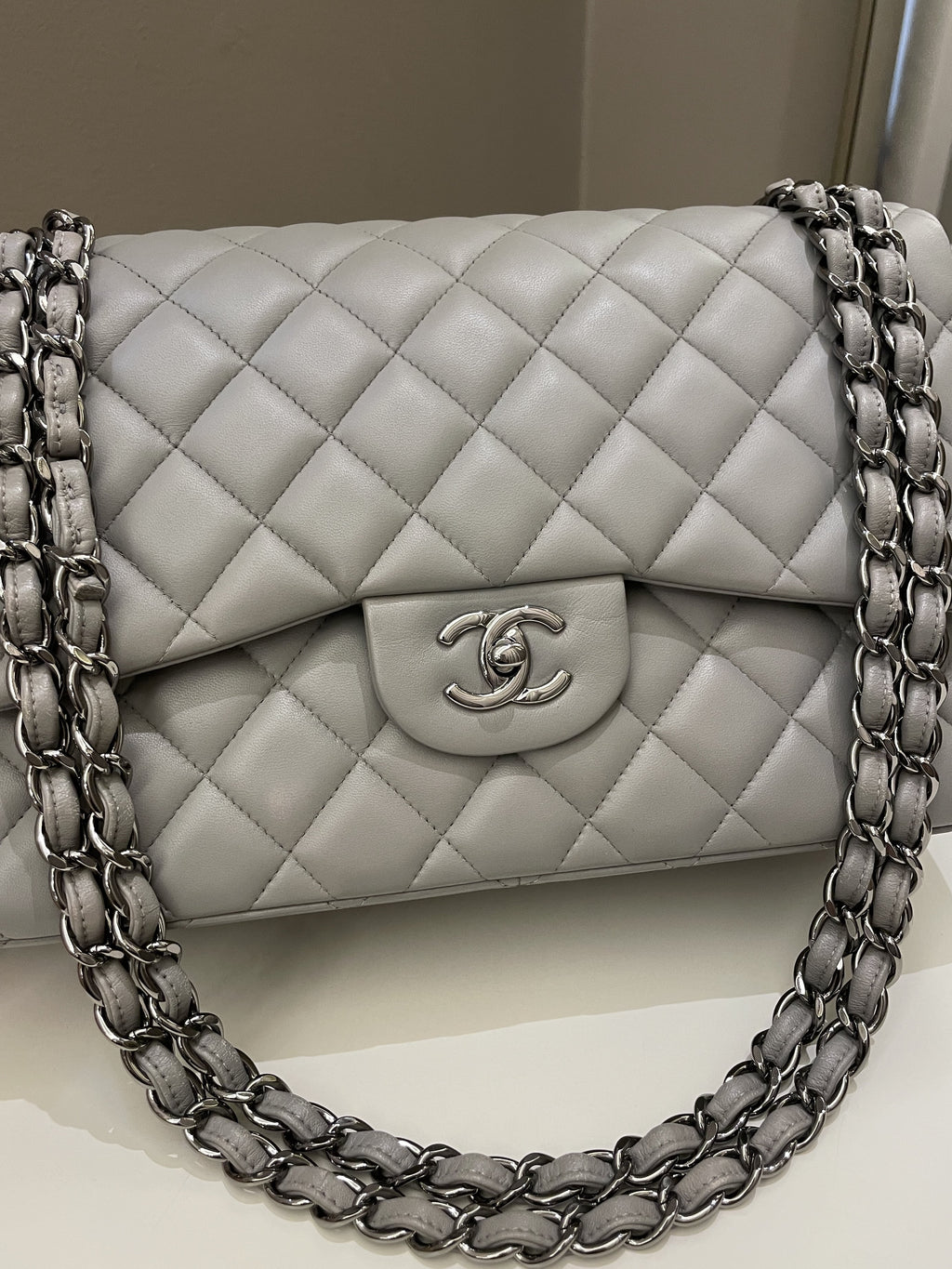 Chanel Classic Quilted Jumbo Double Flap Grey Lambskin
