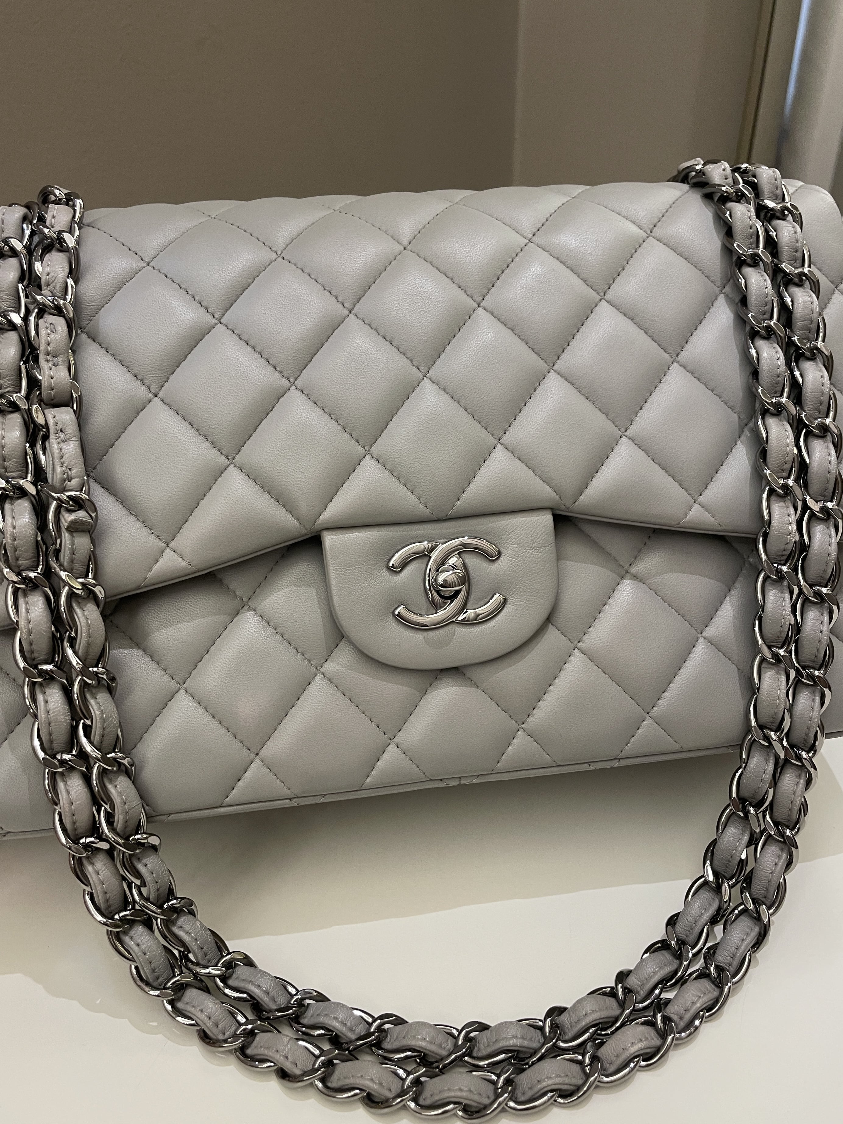 Chanel Classic Quilted Jumbo Double Flap Grey Lambskin