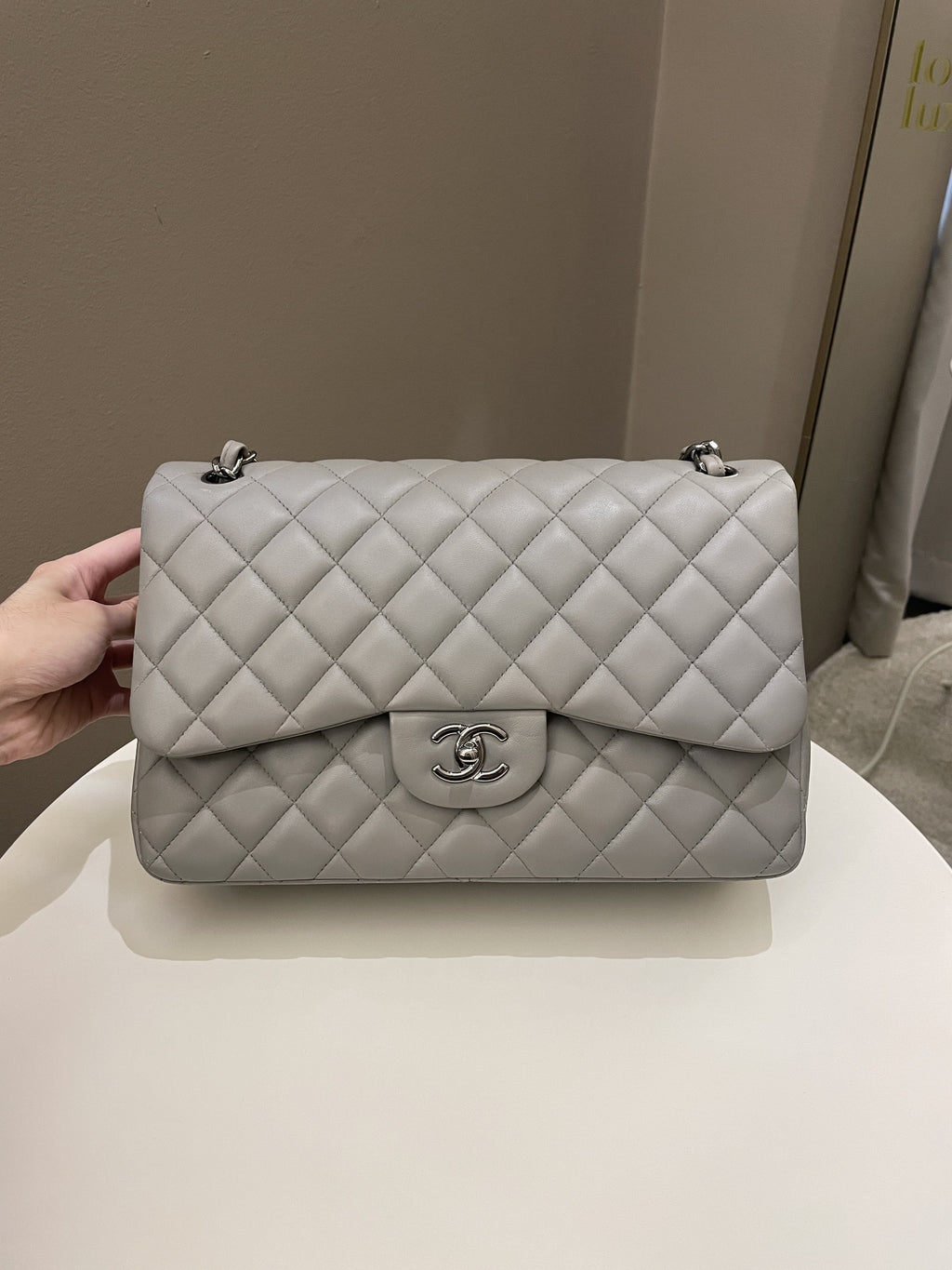 Chanel Classic Quilted Jumbo Double Flap Grey Lambskin