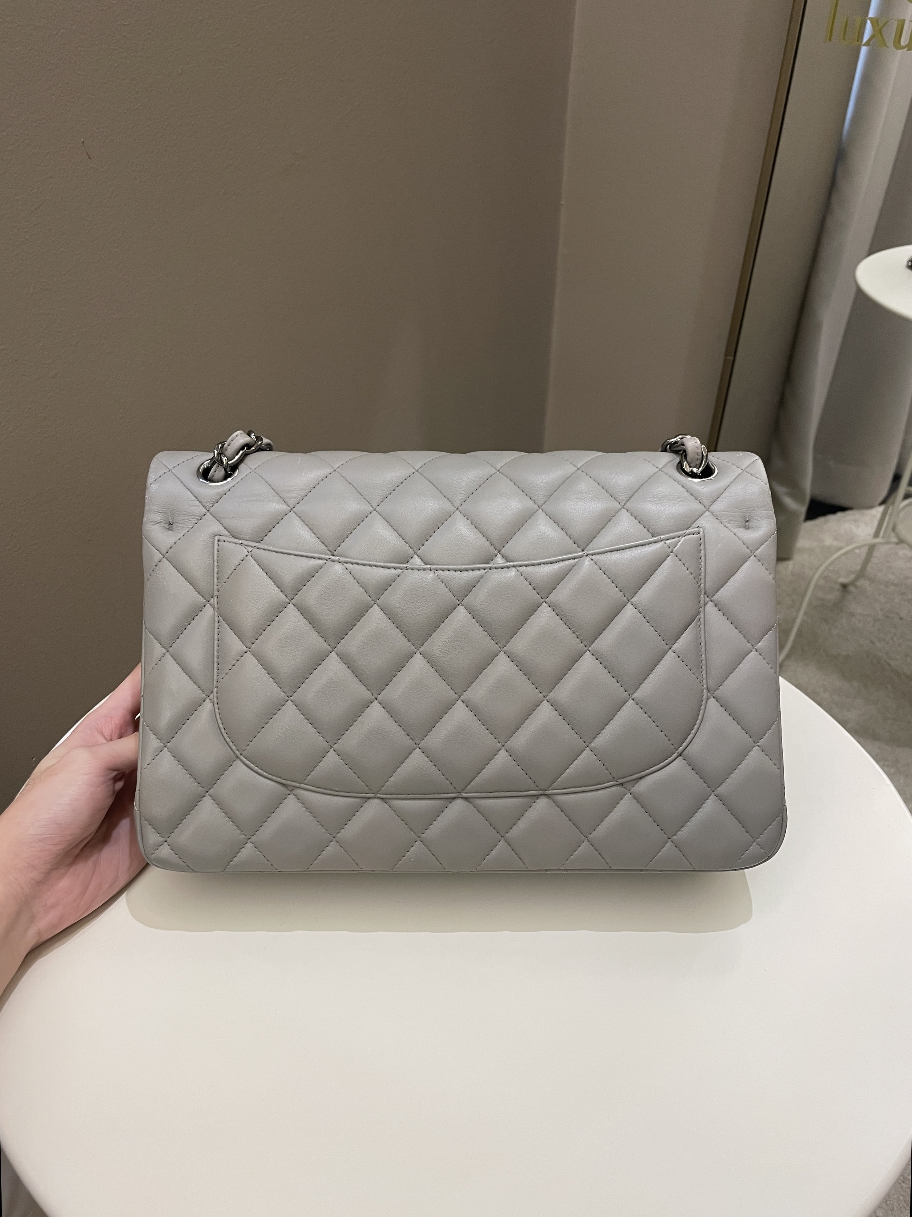 Chanel Classic Quilted Jumbo Double Flap Grey Lambskin