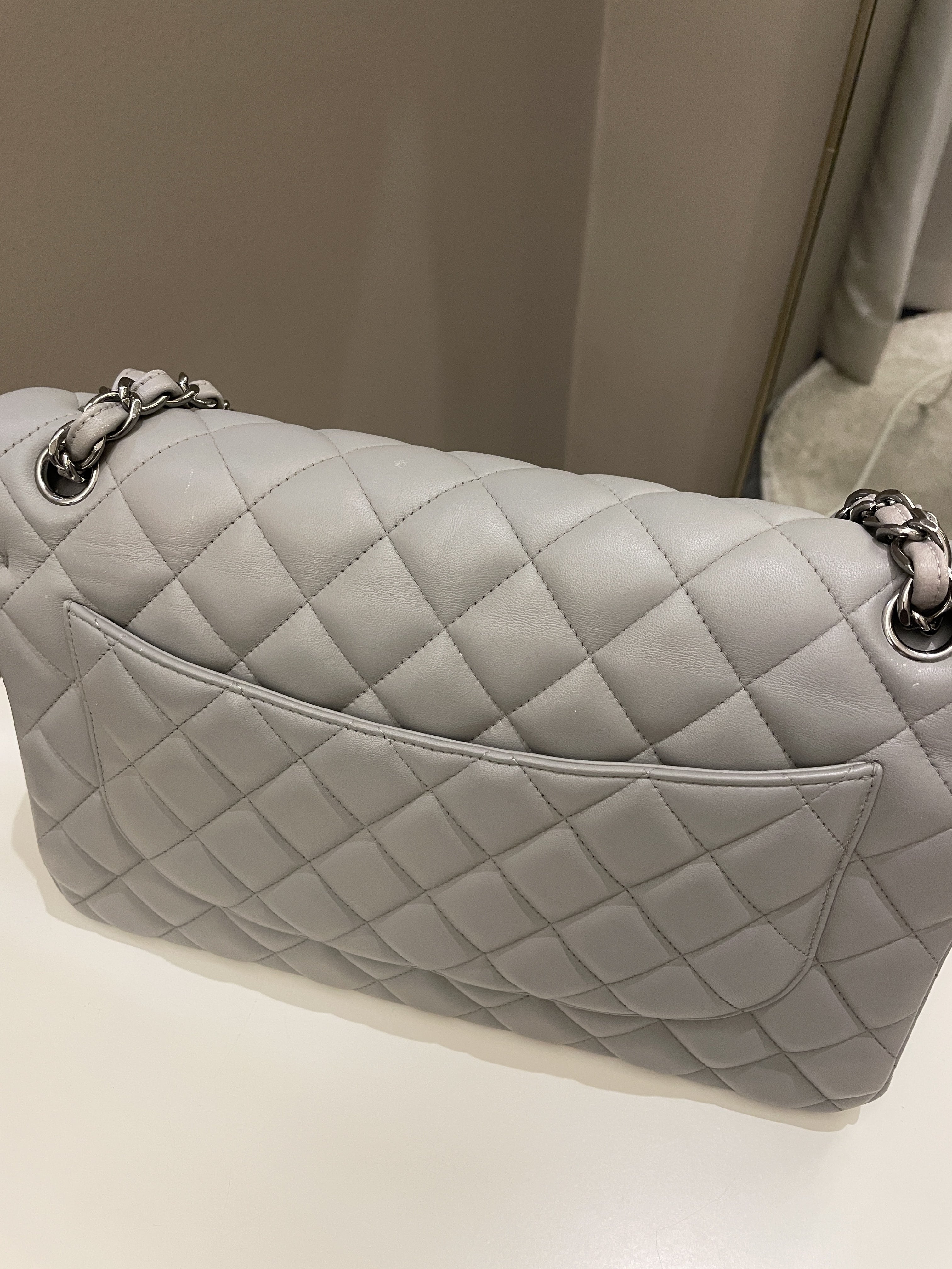 Chanel Classic Quilted Jumbo Double Flap Grey Lambskin