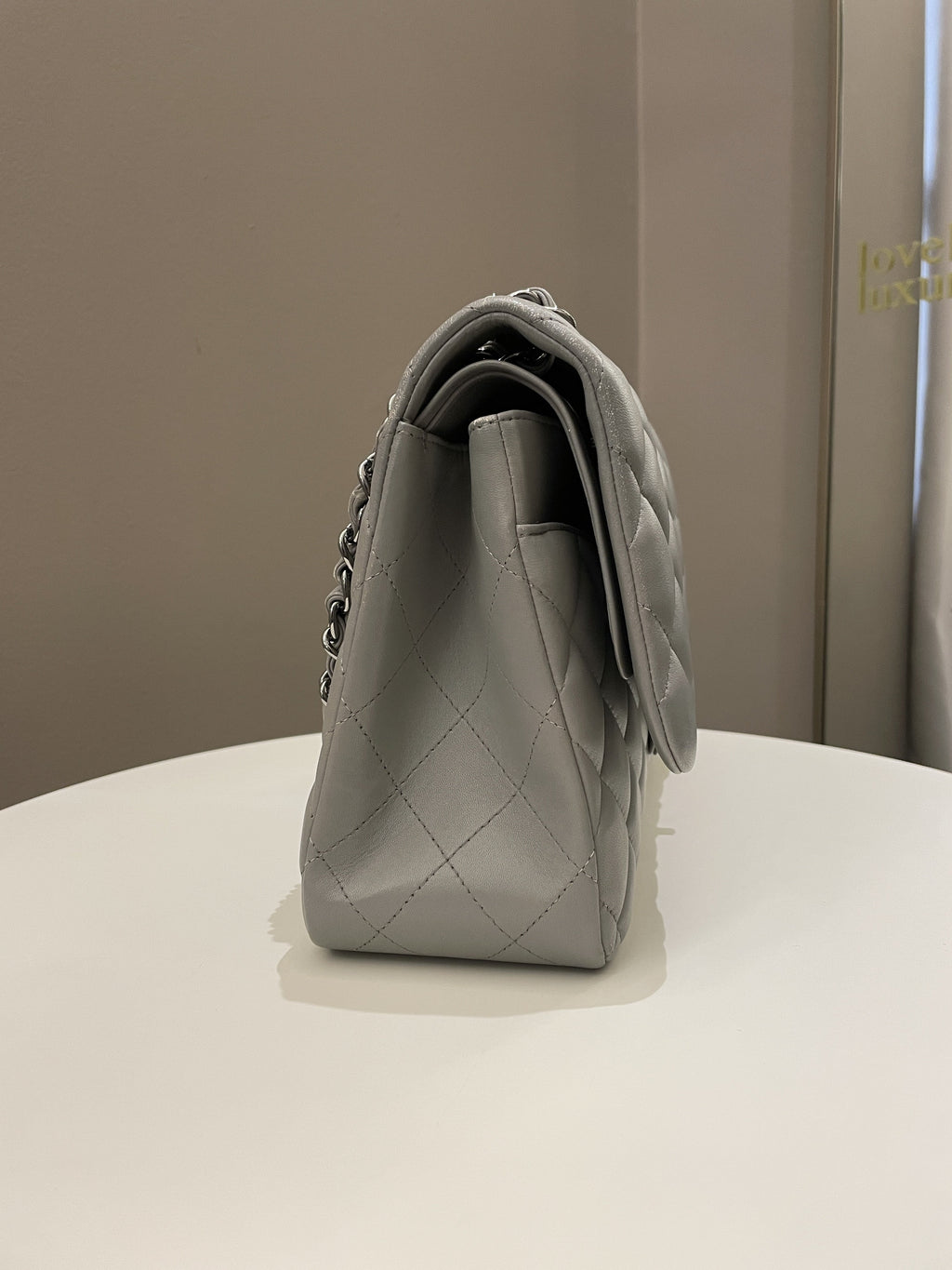 Chanel Classic Quilted Jumbo Double Flap Grey Lambskin