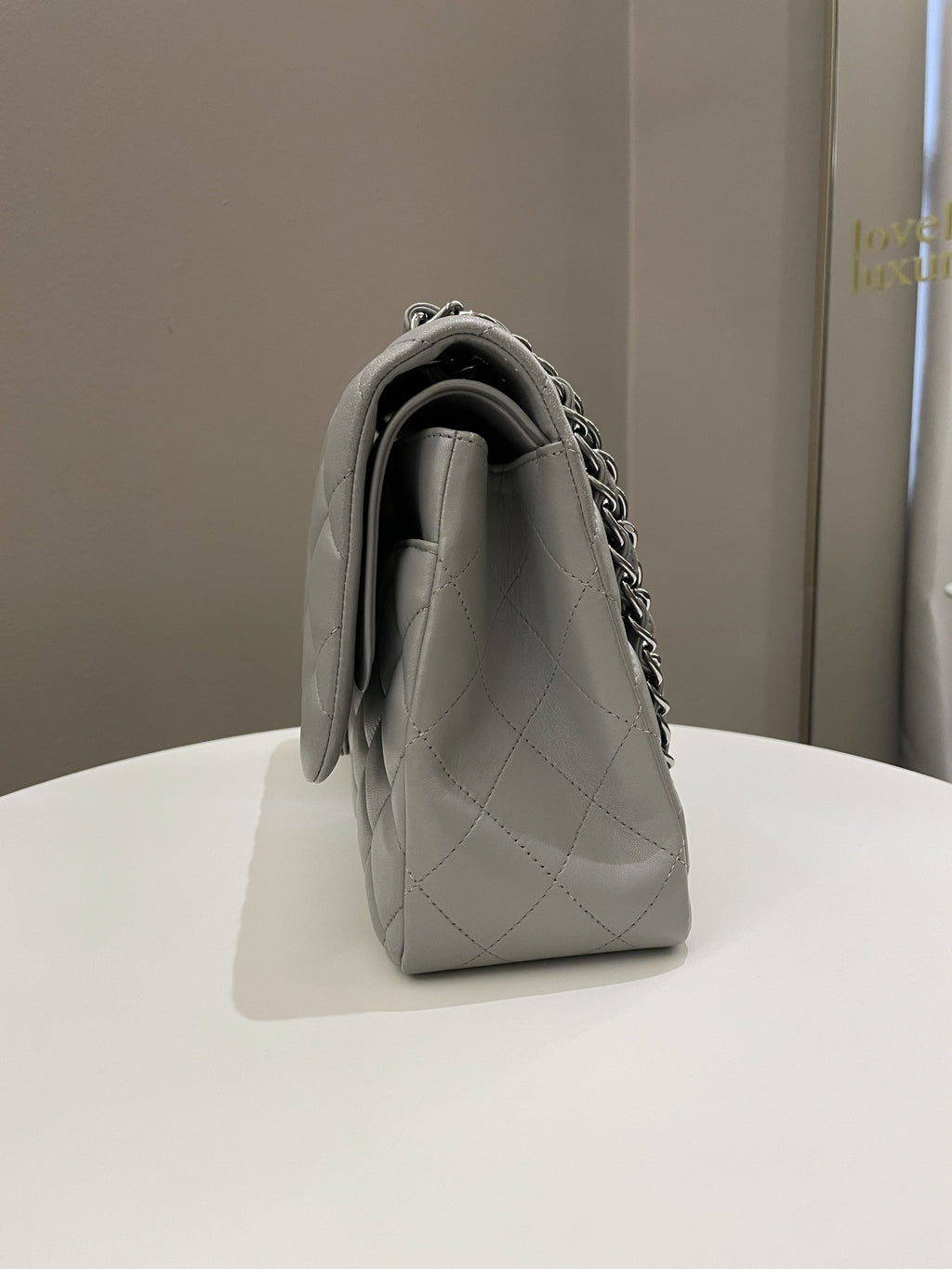 Chanel Classic Quilted Jumbo Double Flap Grey Lambskin