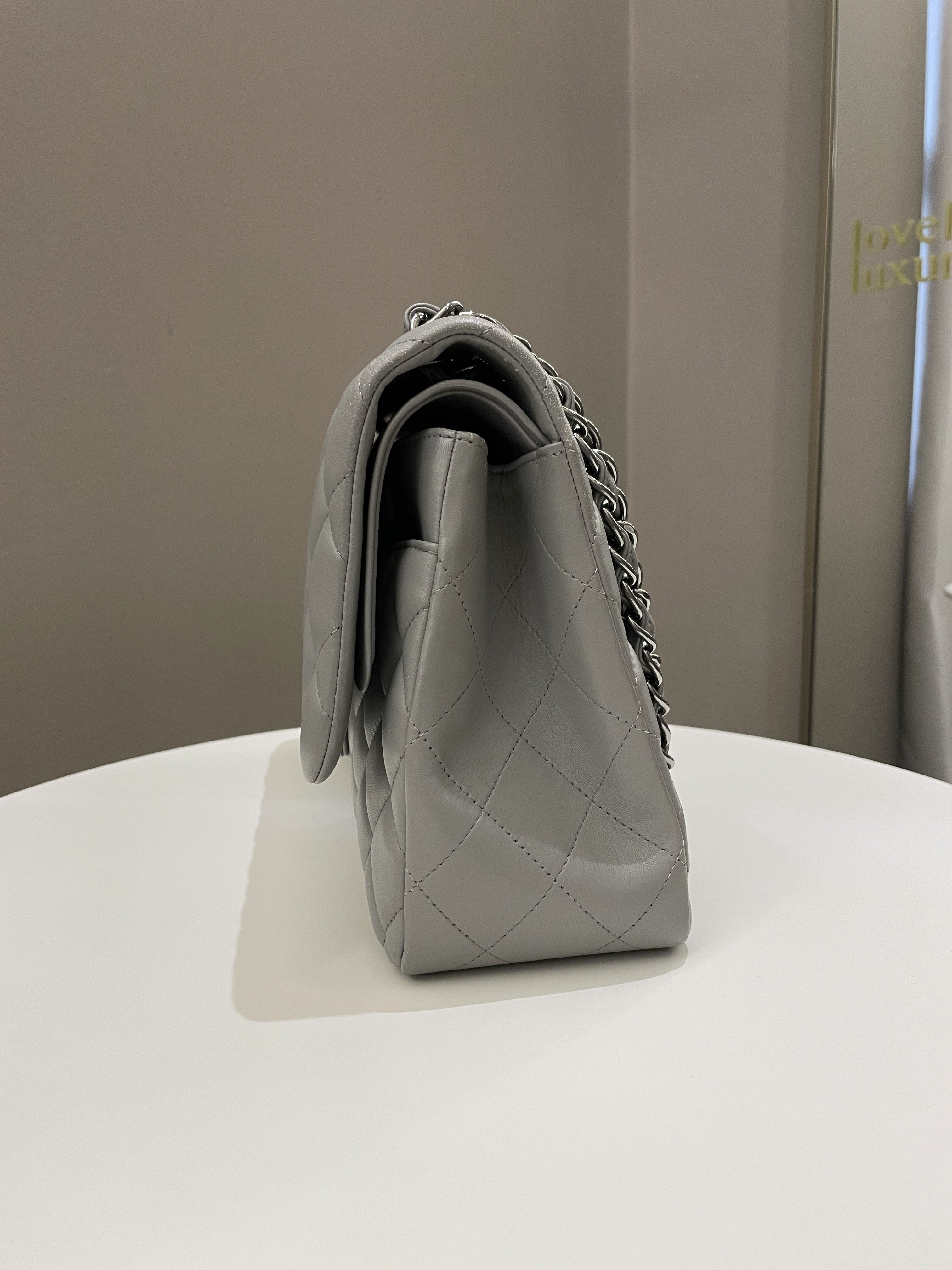Chanel Classic Quilted Jumbo Double Flap Grey Lambskin