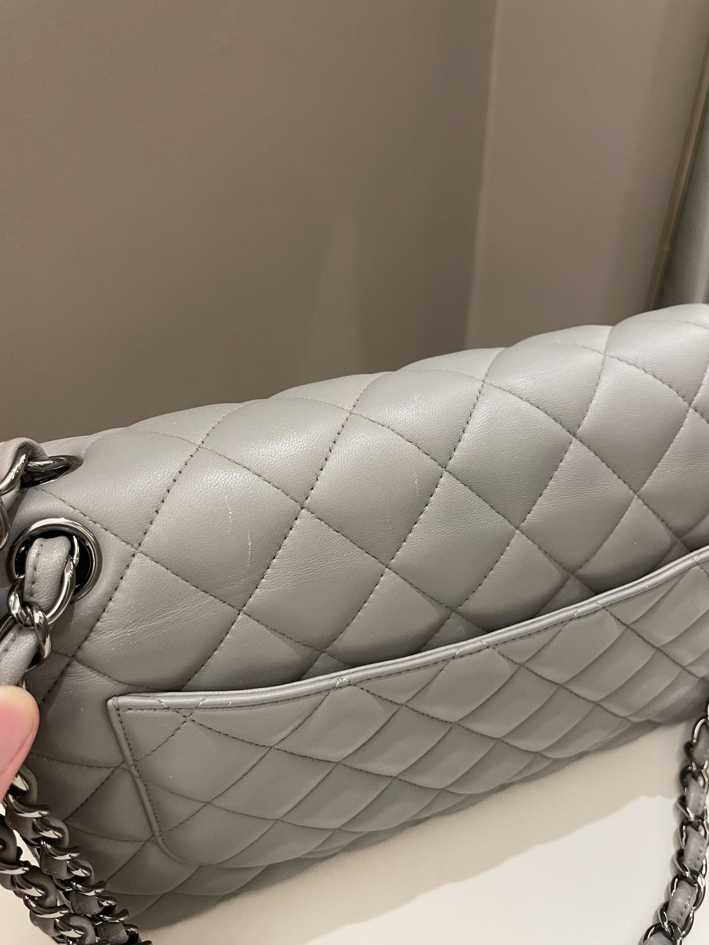 Chanel Classic Quilted Jumbo Double Flap Grey Lambskin