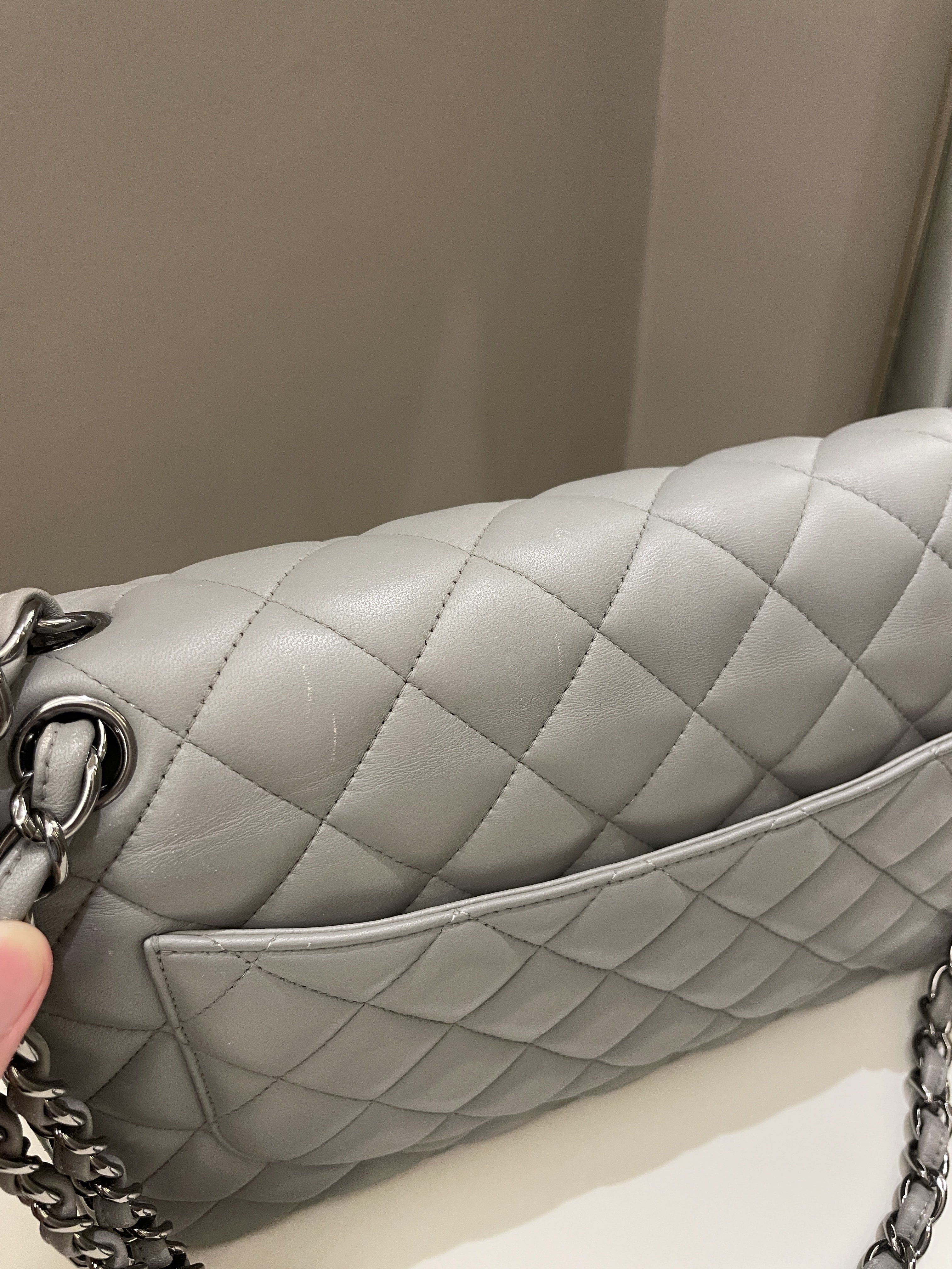 Chanel Classic Quilted Jumbo Double Flap Grey Lambskin