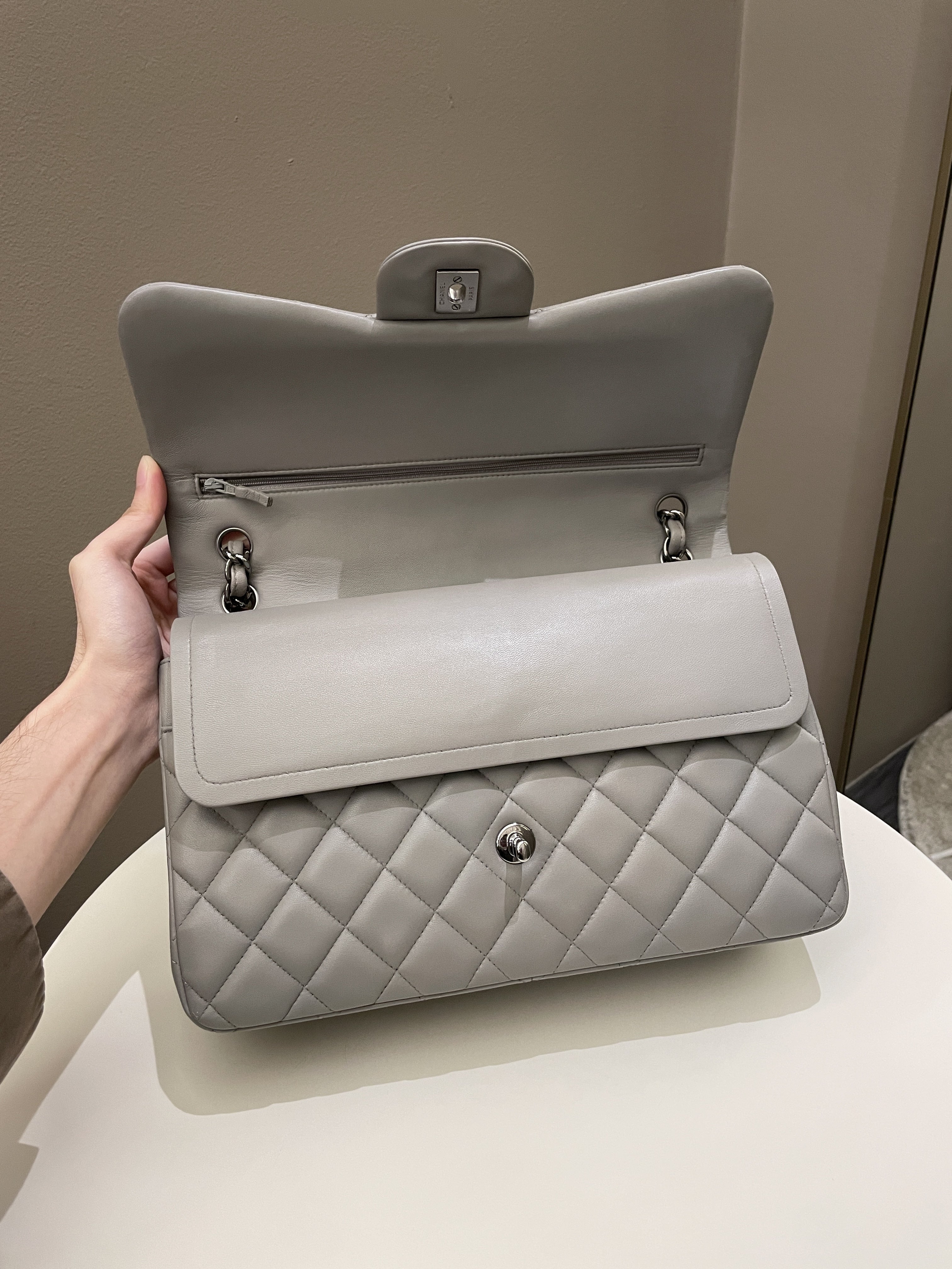 Chanel Classic Quilted Jumbo Double Flap Grey Lambskin