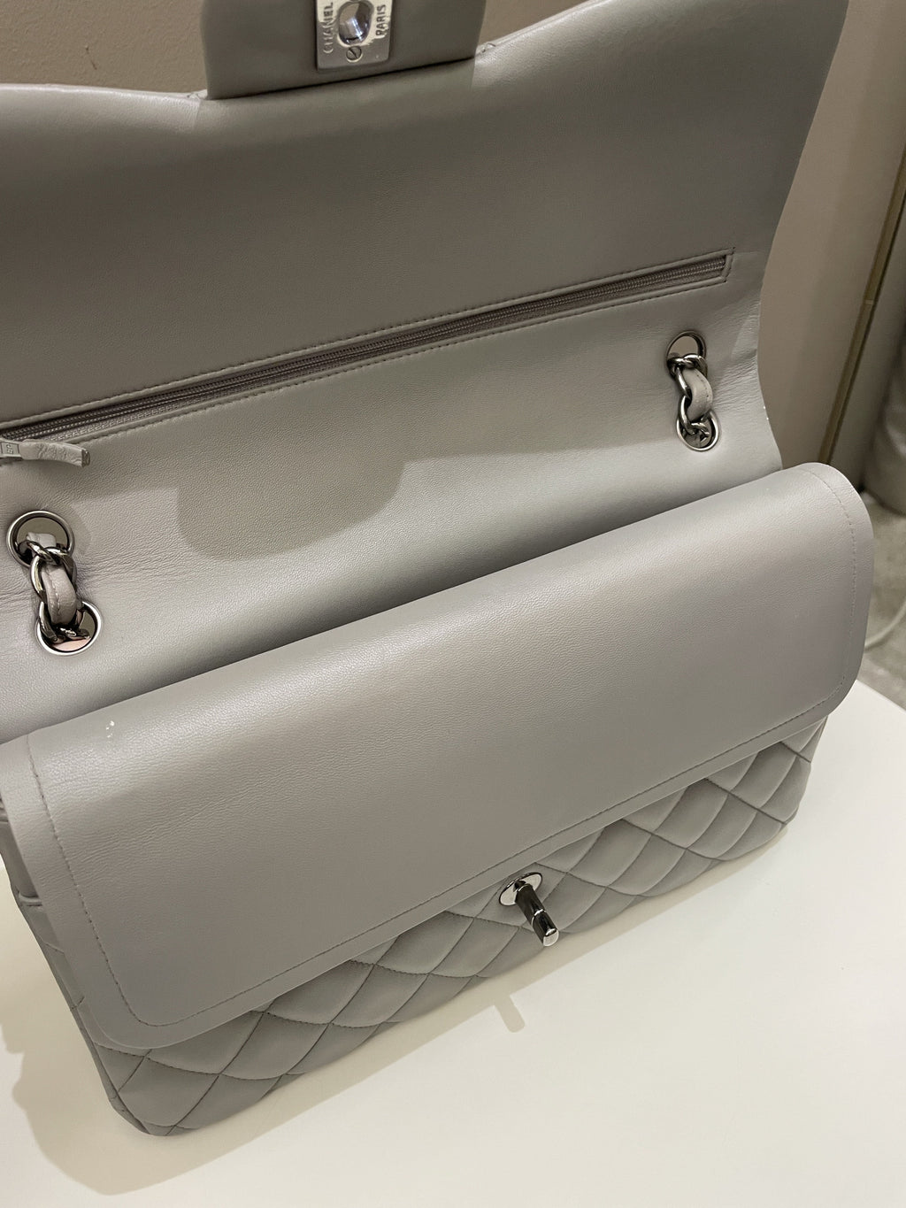 Chanel Classic Quilted Jumbo Double Flap Grey Lambskin