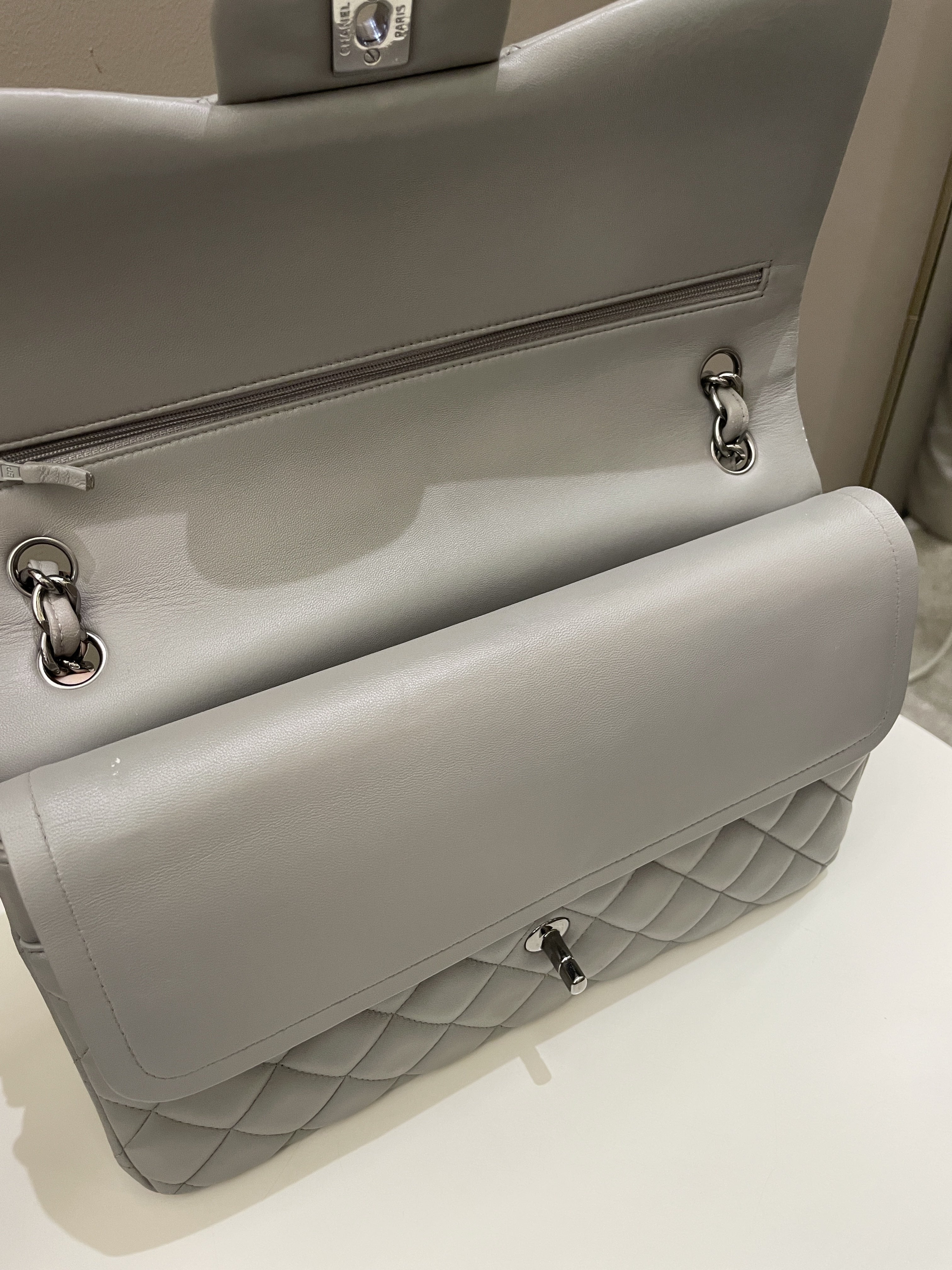 Chanel Classic Quilted Jumbo Double Flap Grey Lambskin