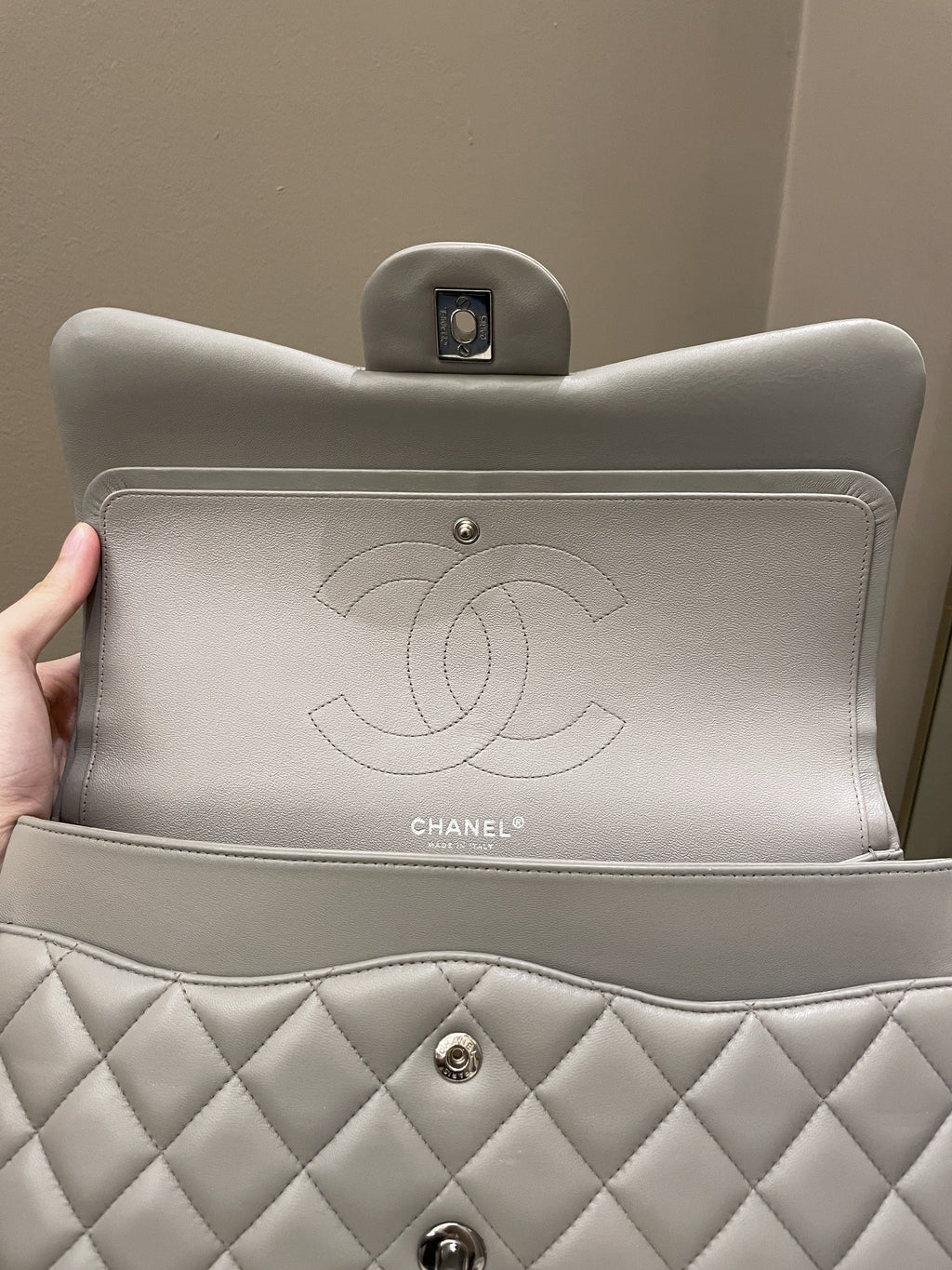 Chanel Classic Quilted Jumbo Double Flap Grey Lambskin