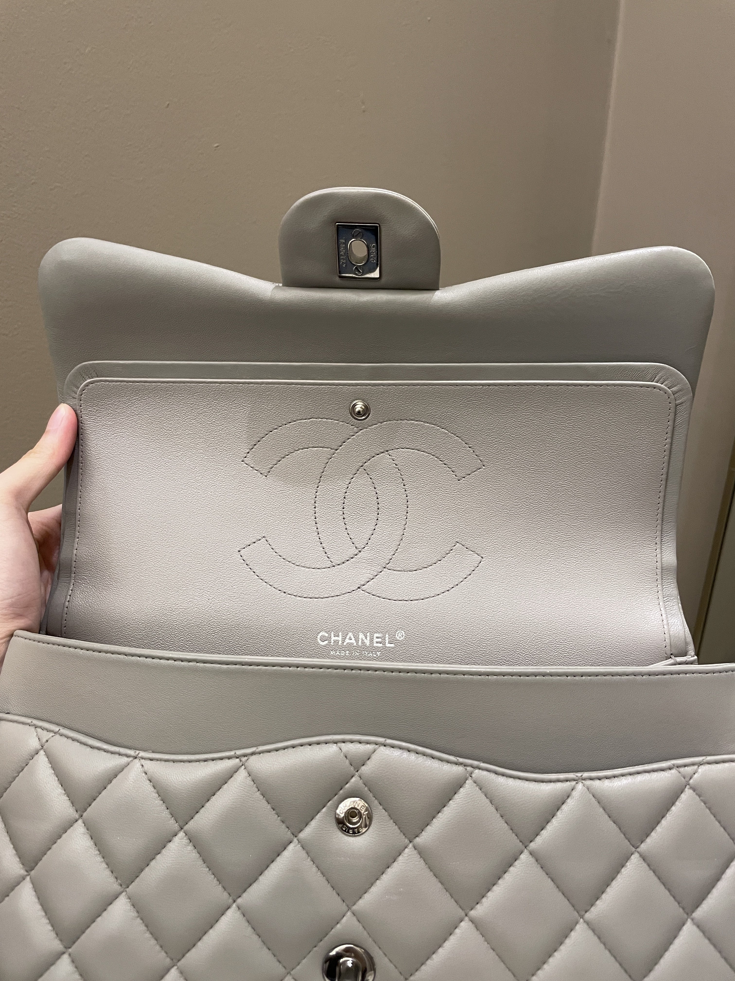 Chanel Classic Quilted Jumbo Double Flap Grey Lambskin