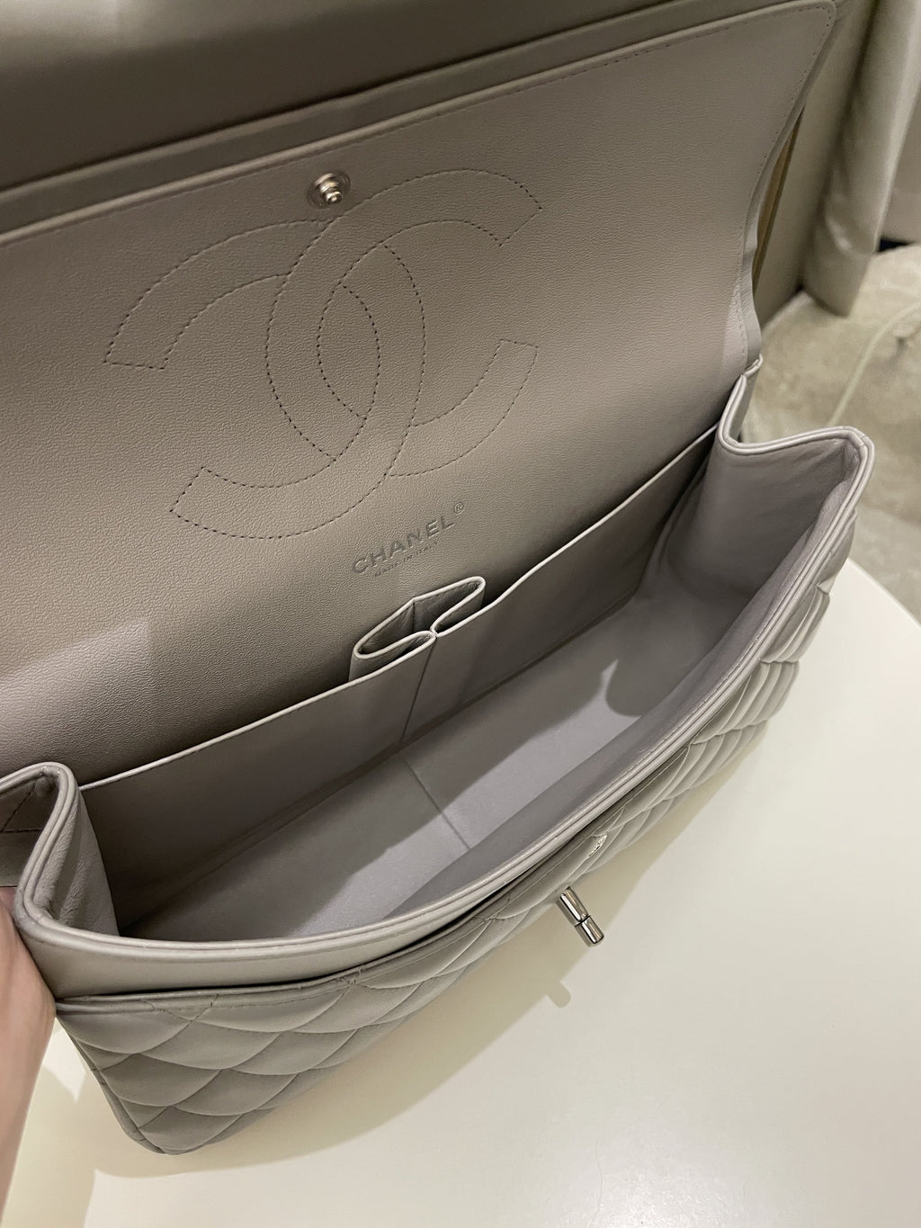 Chanel Classic Quilted Jumbo Double Flap Grey Lambskin