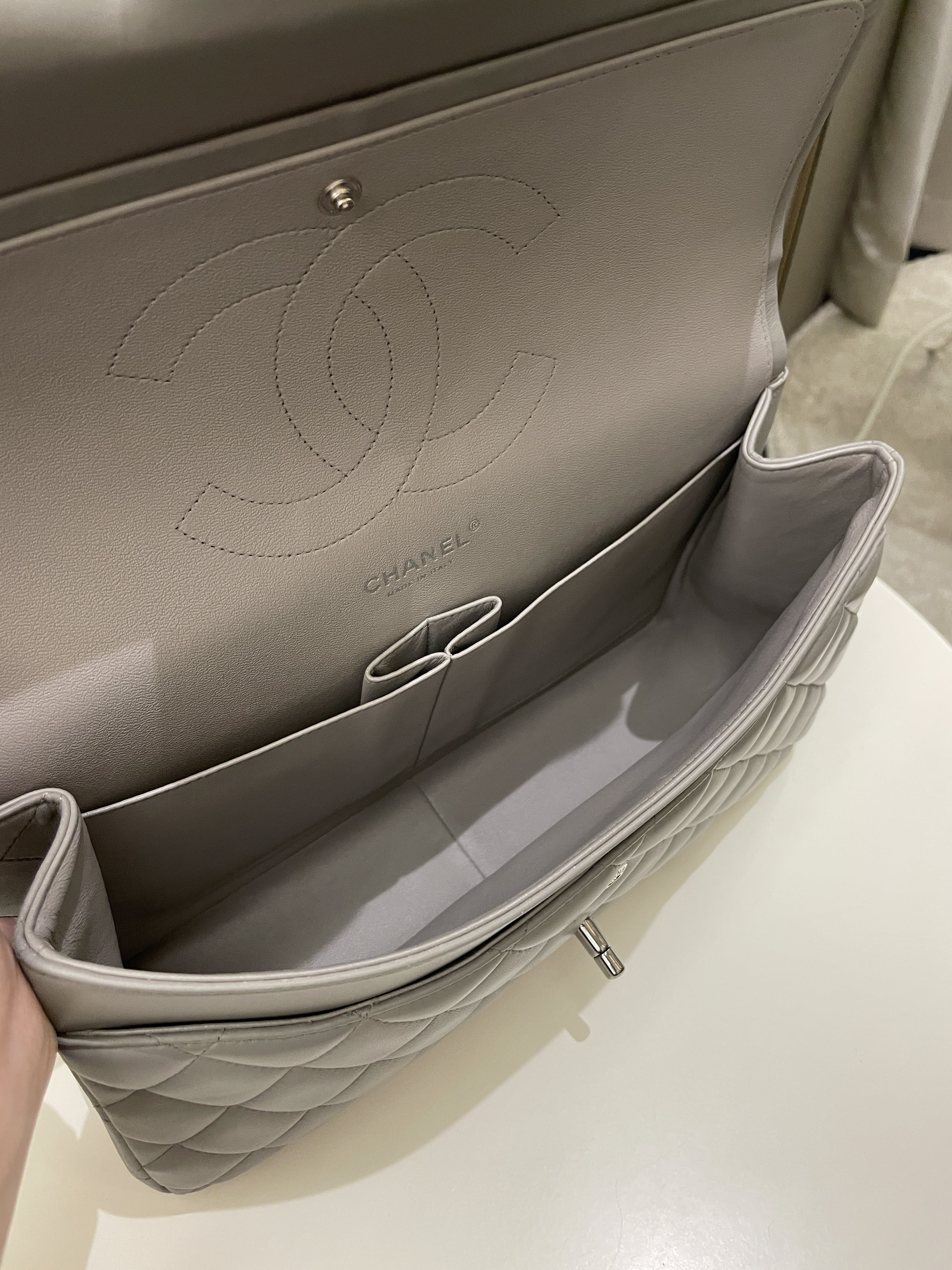 Chanel Classic Quilted Jumbo Double Flap Grey Lambskin