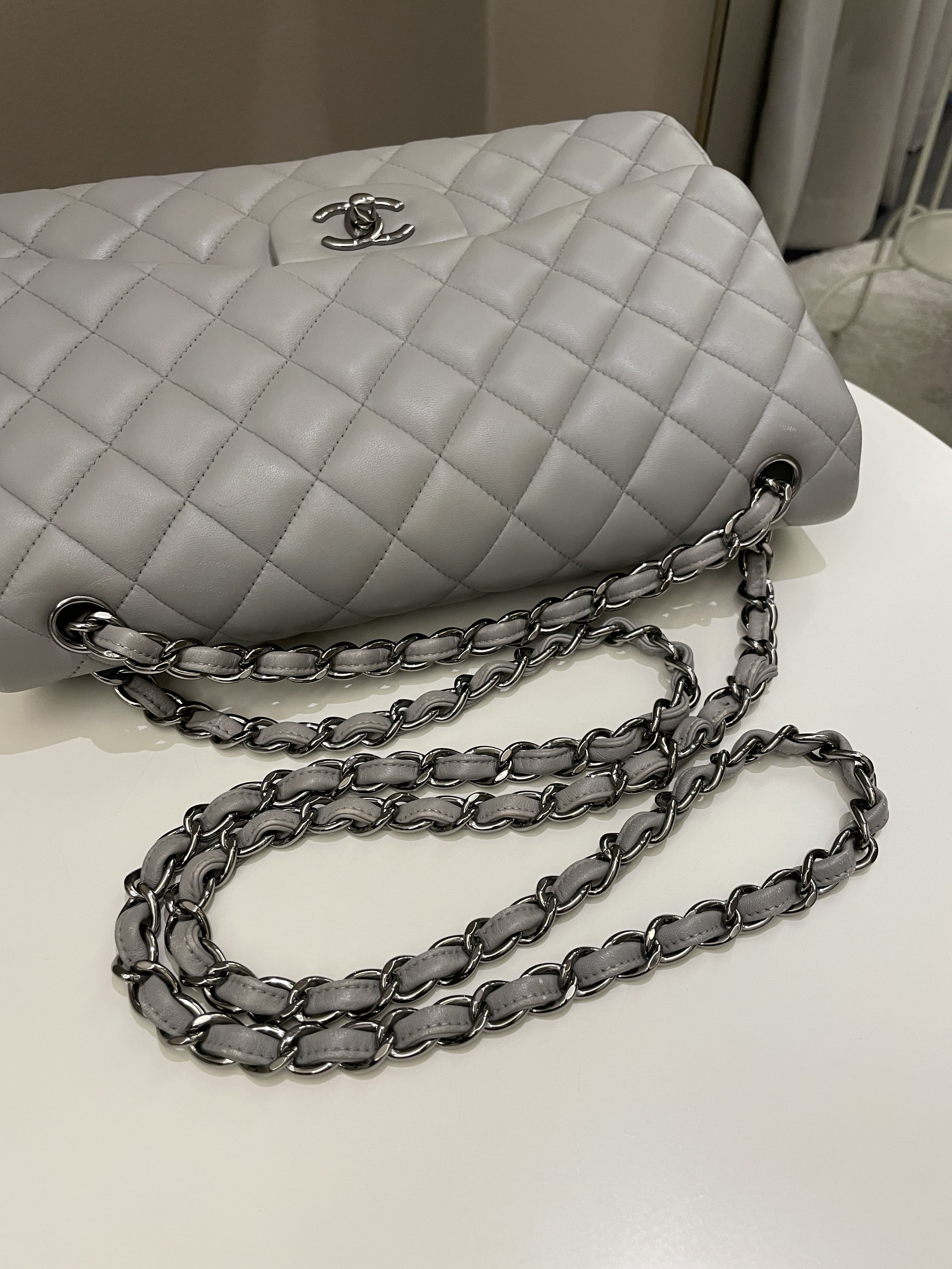Chanel Classic Quilted Jumbo Double Flap Grey Lambskin