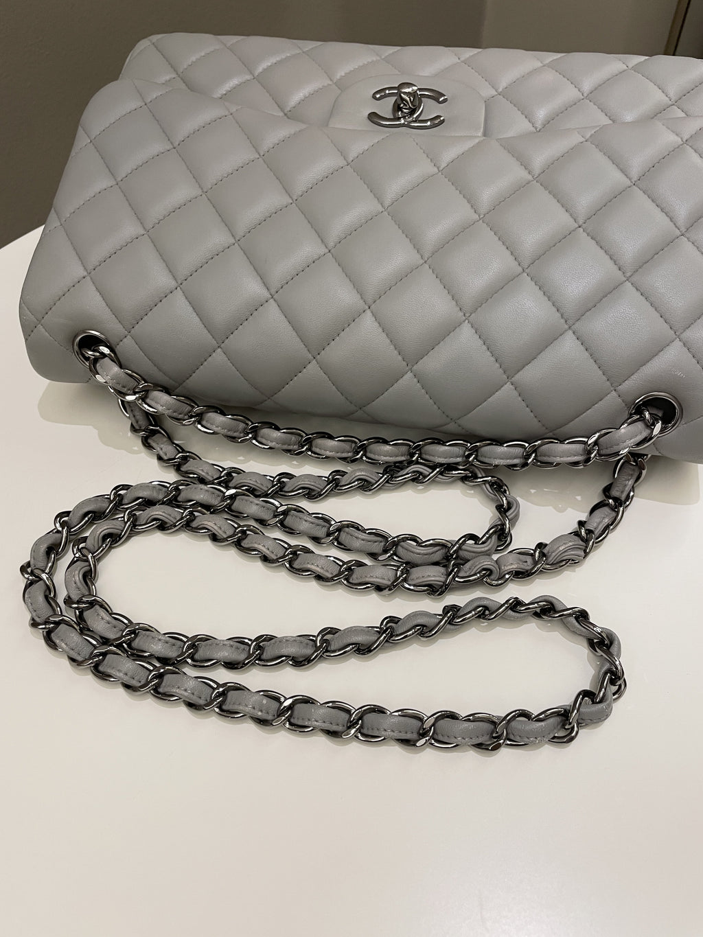 Chanel Classic Quilted Jumbo Double Flap Grey Lambskin