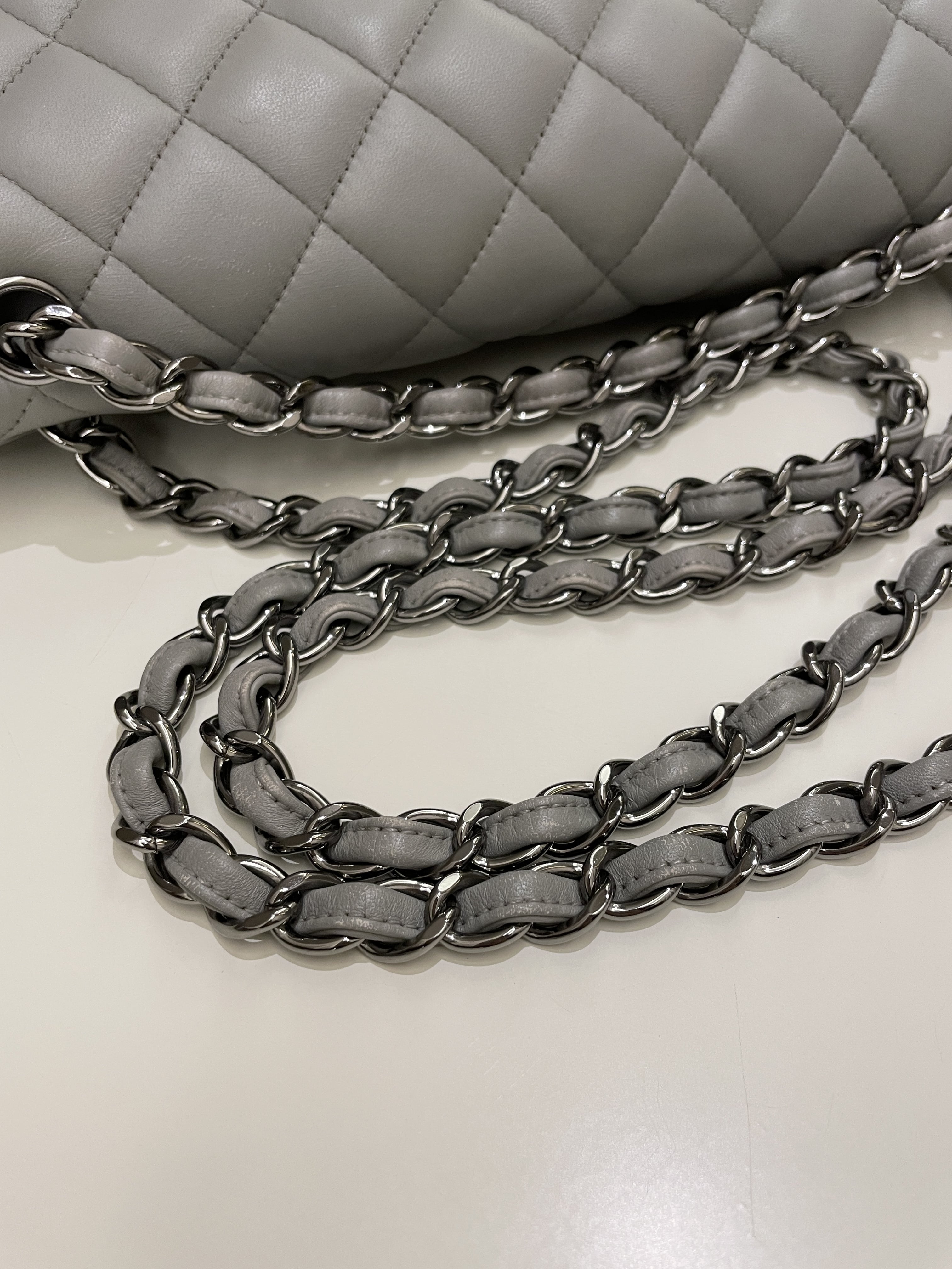 Chanel Classic Quilted Jumbo Double Flap Grey Lambskin
