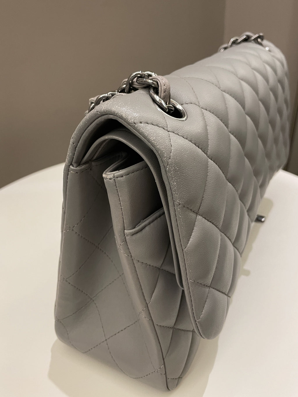 Chanel Classic Quilted Jumbo Double Flap Grey Lambskin