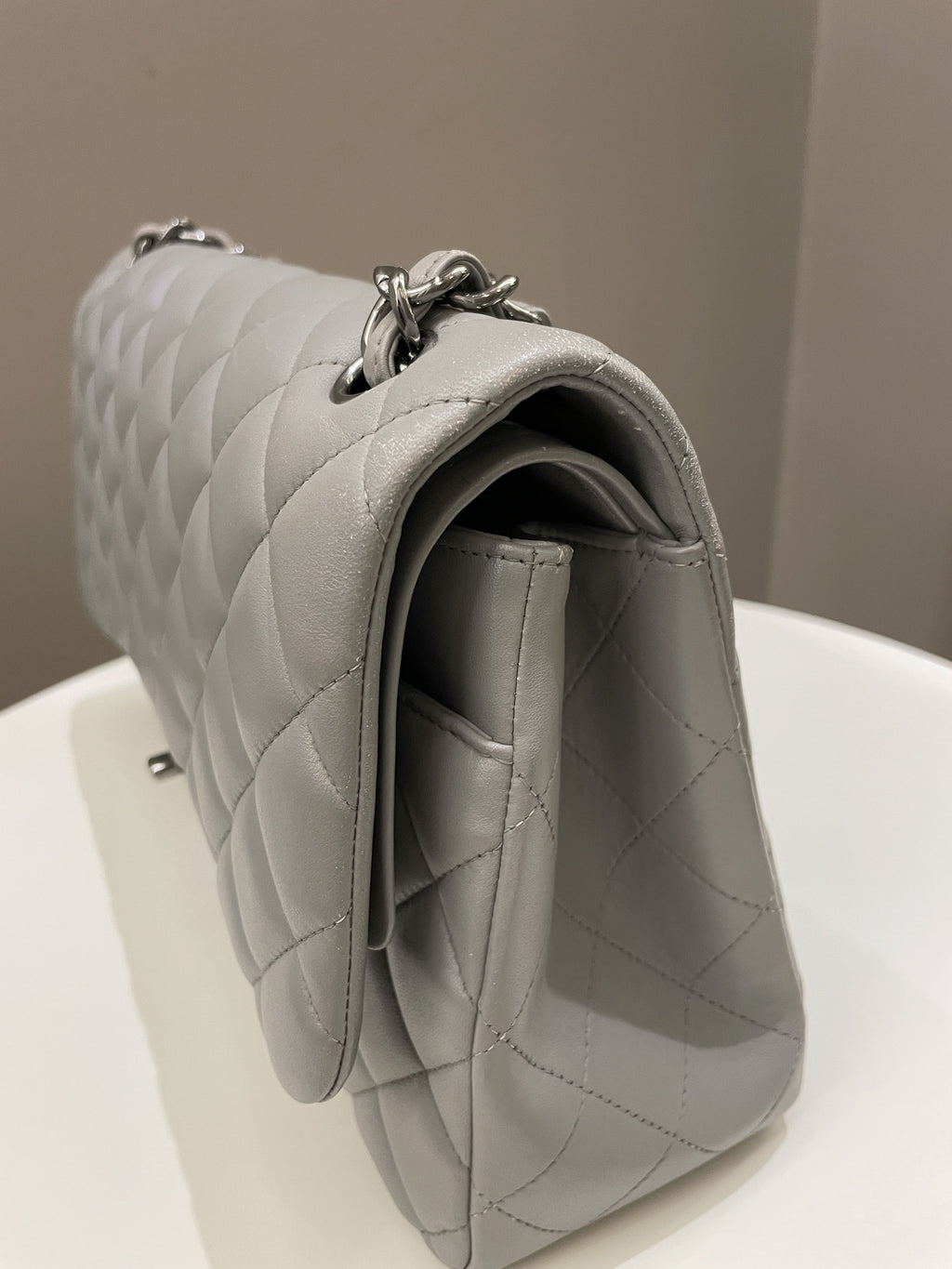 Chanel Classic Quilted Jumbo Double Flap Grey Lambskin