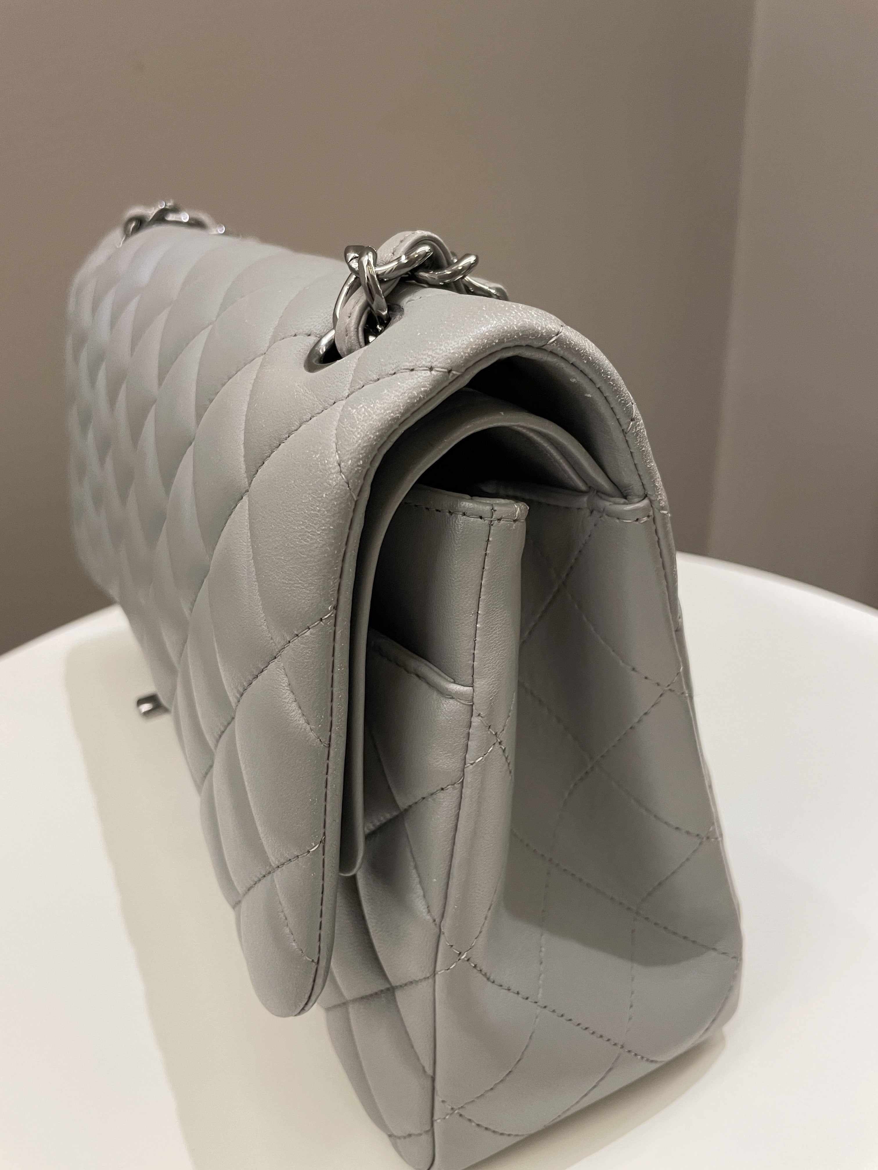 Chanel Classic Quilted Jumbo Double Flap Grey Lambskin