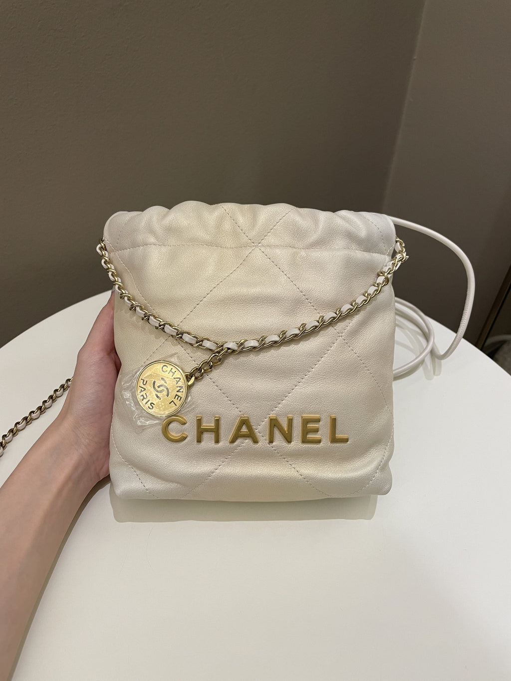 Chanel 23S Mini 22 Iridescent Ecru Calfskin