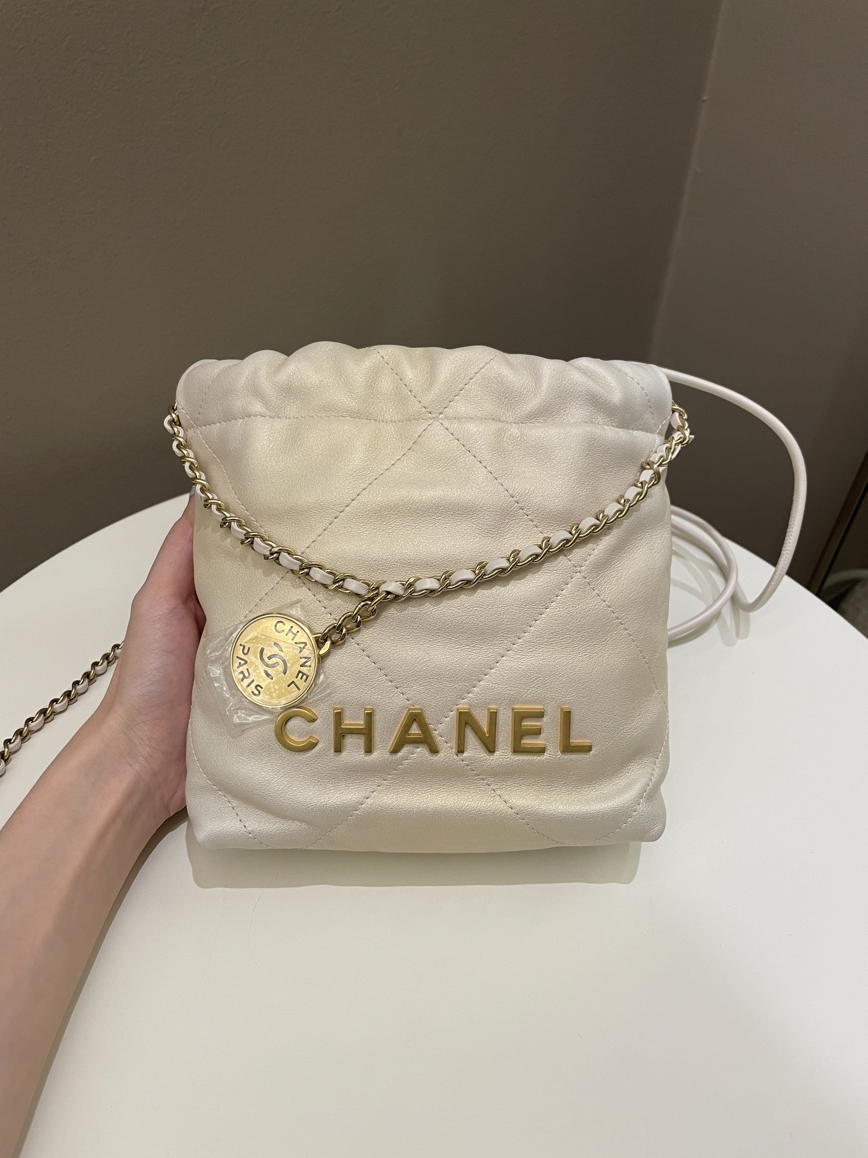Chanel 23S Mini 22 Iridescent Ecru Calfskin