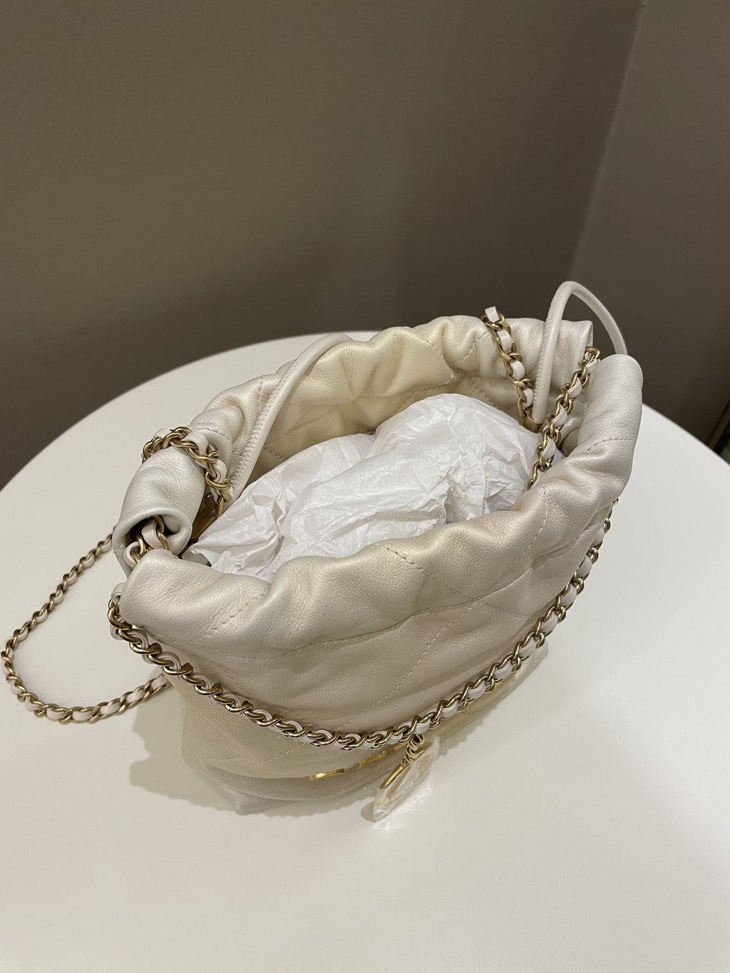 Chanel 23S Mini 22 Iridescent Ecru Calfskin