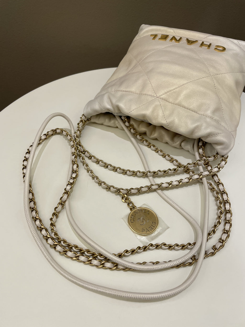 Chanel 23S Mini 22 Iridescent Ecru Calfskin