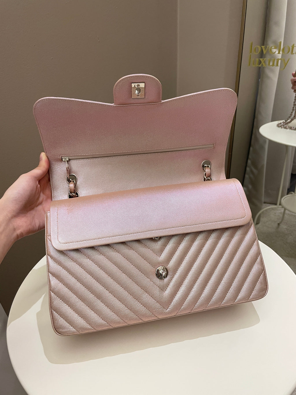 Chanel 17B Chevron Jumbo Double Flap Rose Gold Caviar