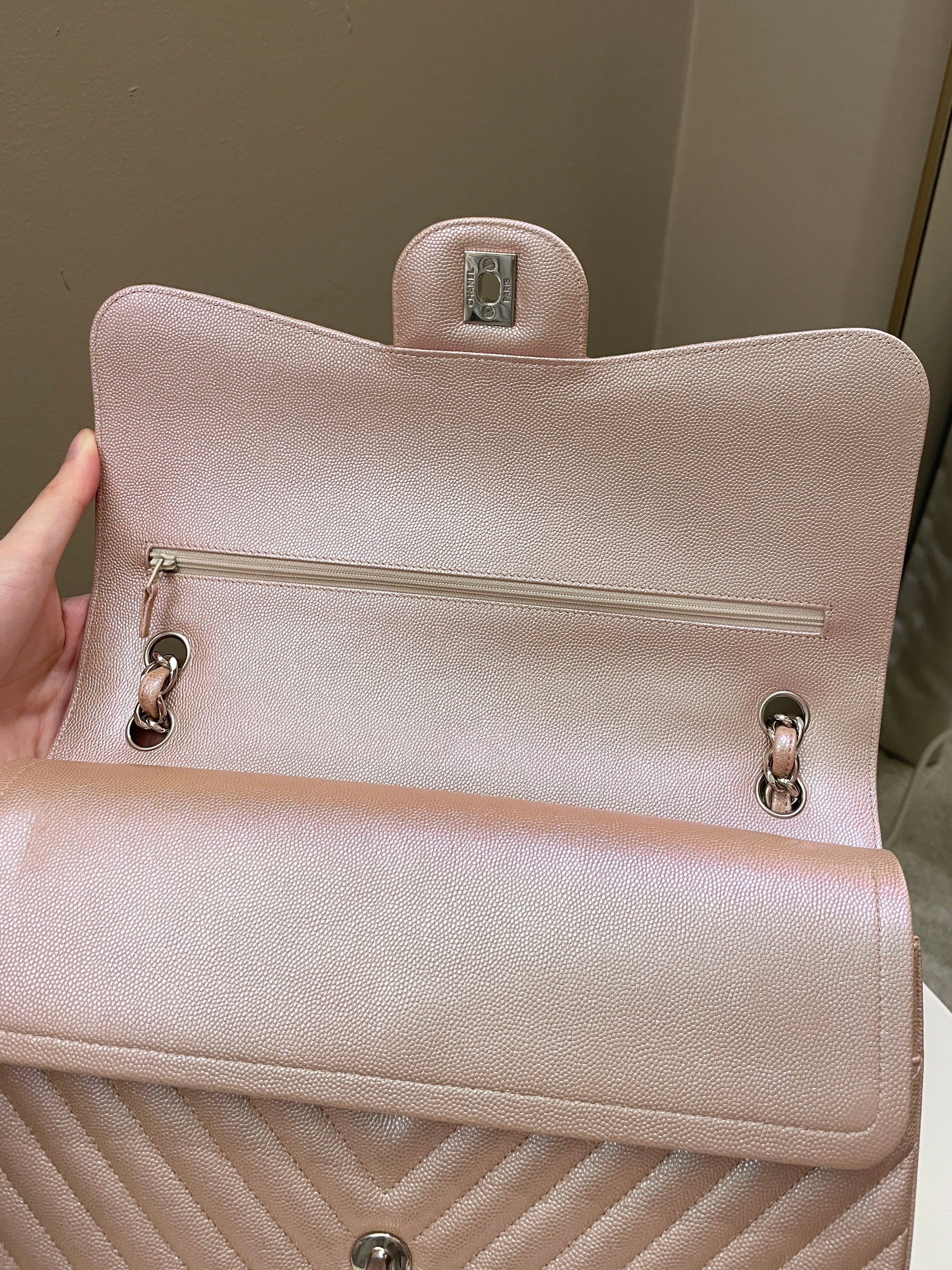 Chanel 17B Chevron Jumbo Double Flap Rose Gold Caviar